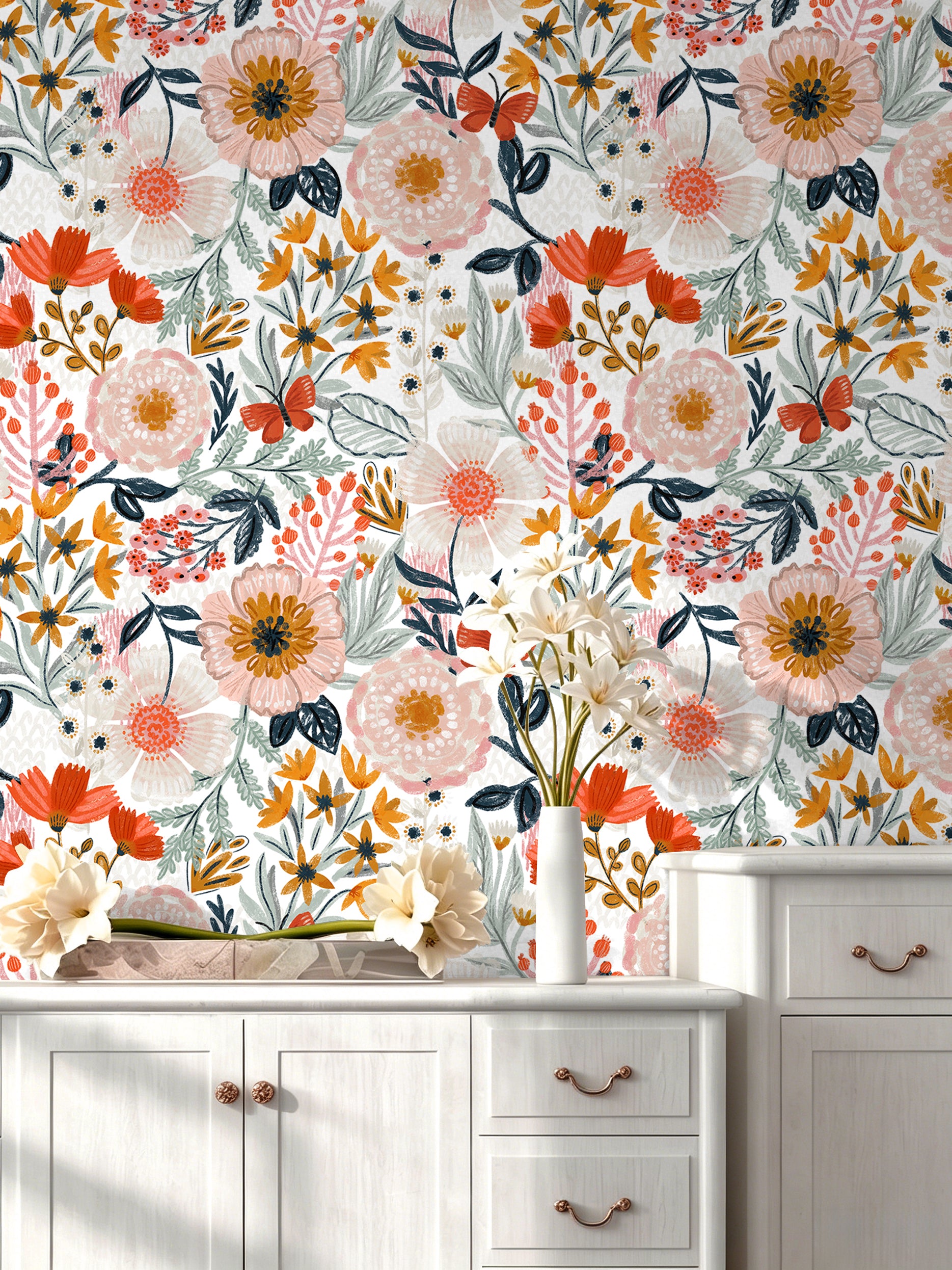 HaokHome Wallpaper Peel and Stick Wildflower White/Orange/Yellow Floral with Butterflies Removable Mural