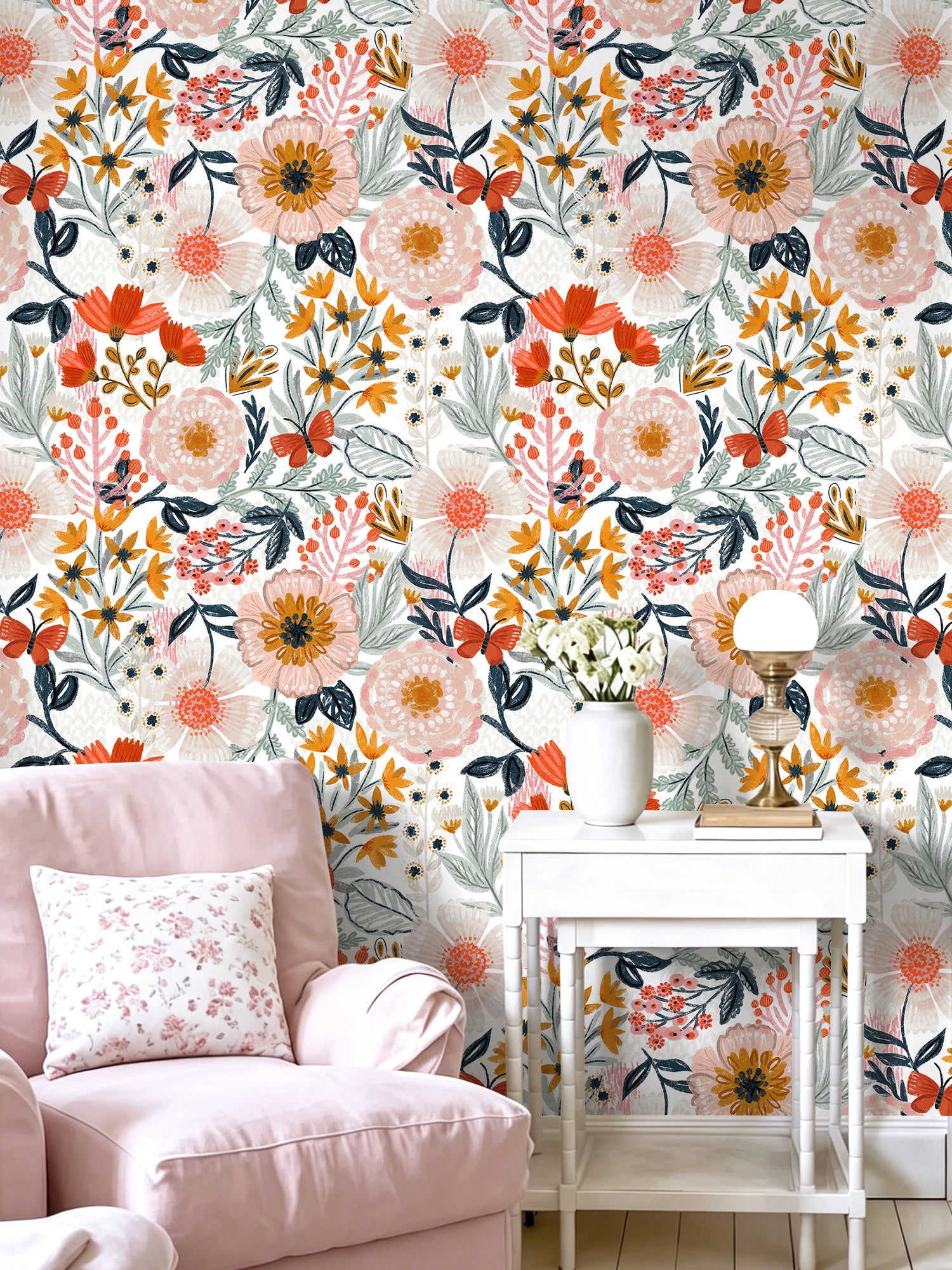 HaokHome Wallpaper Peel and Stick Wildflower White/Orange/Yellow Floral with Butterflies Removable Mural
