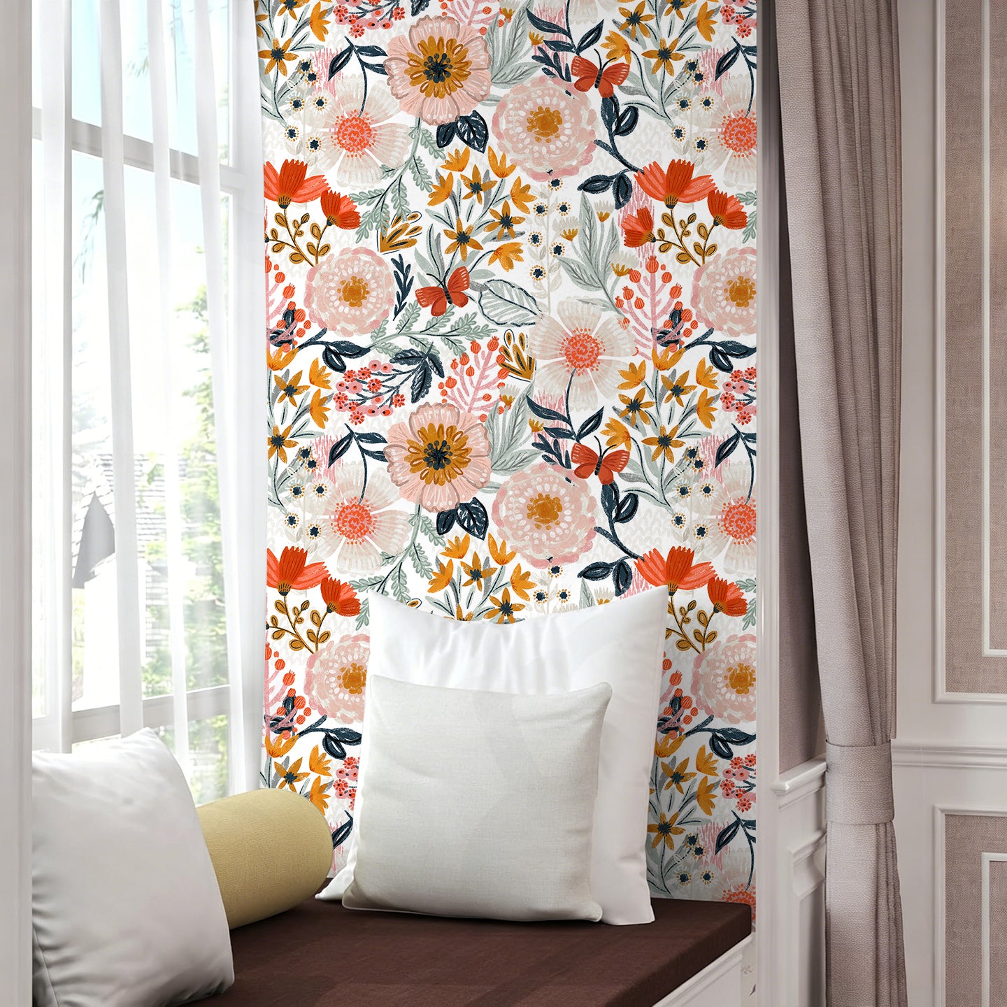 HaokHome Wallpaper Peel and Stick Wildflower White/Orange/Yellow Floral with Butterflies Removable Mural