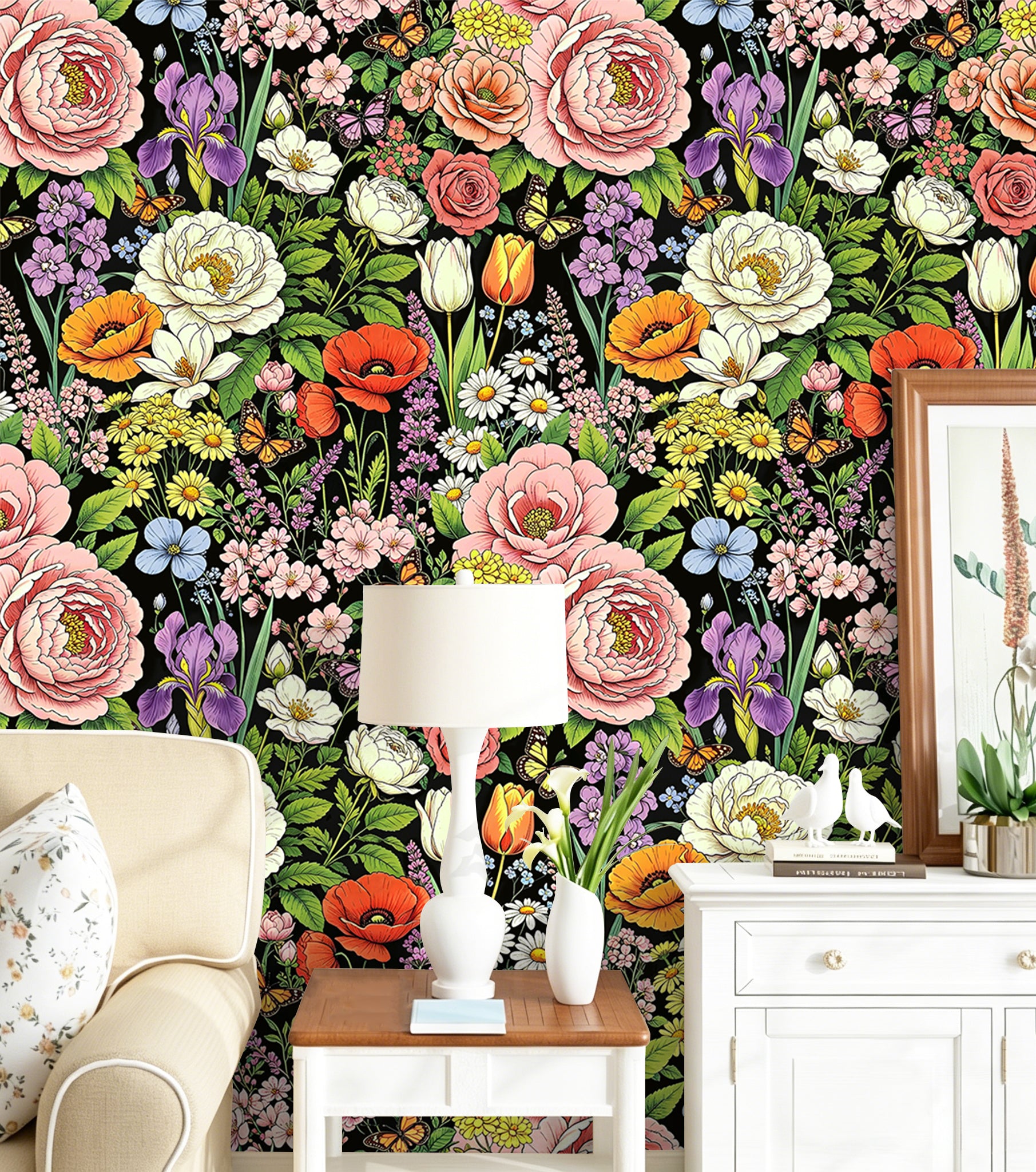 HaokHome Peel and Stick Wallpaper Dark Floral Boho Vintage Removable Wall Decor with Rich Peony, Tulip & Iris Botanical Pattern for Moody Romantic Room