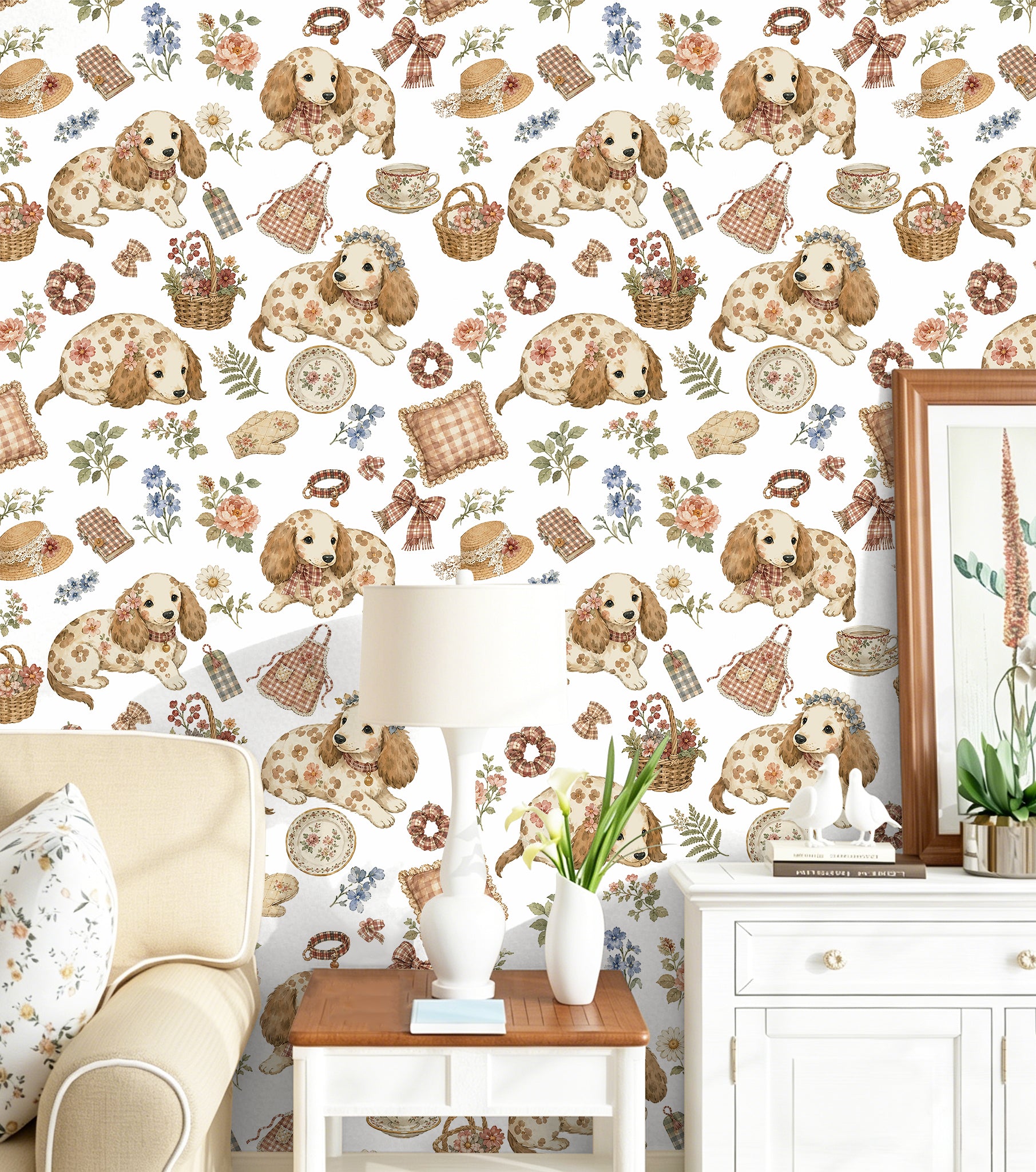 HaokHome Cottagecore Puppy Tea Party Peel and Stick Wallpaper