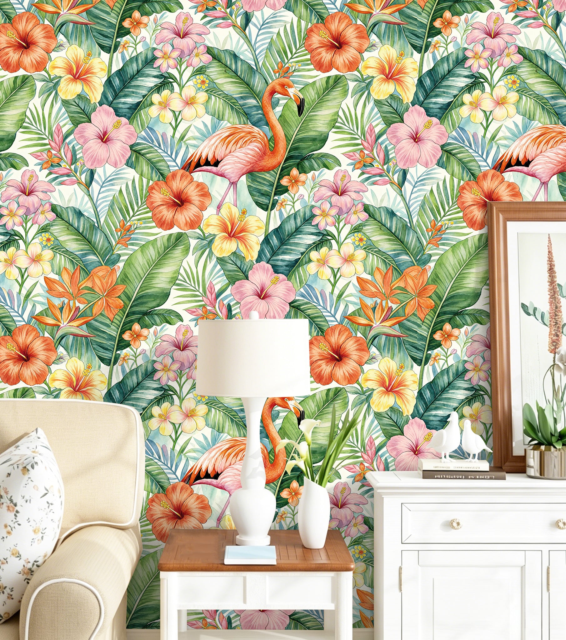 HaokHome Peel and Stick Wallpaper Tropical Flamingo Hibiscus Floral Removable Wall Paper Boho Watercolor Jungle Mural for Bedroom Living Room Bathroom Cabinets