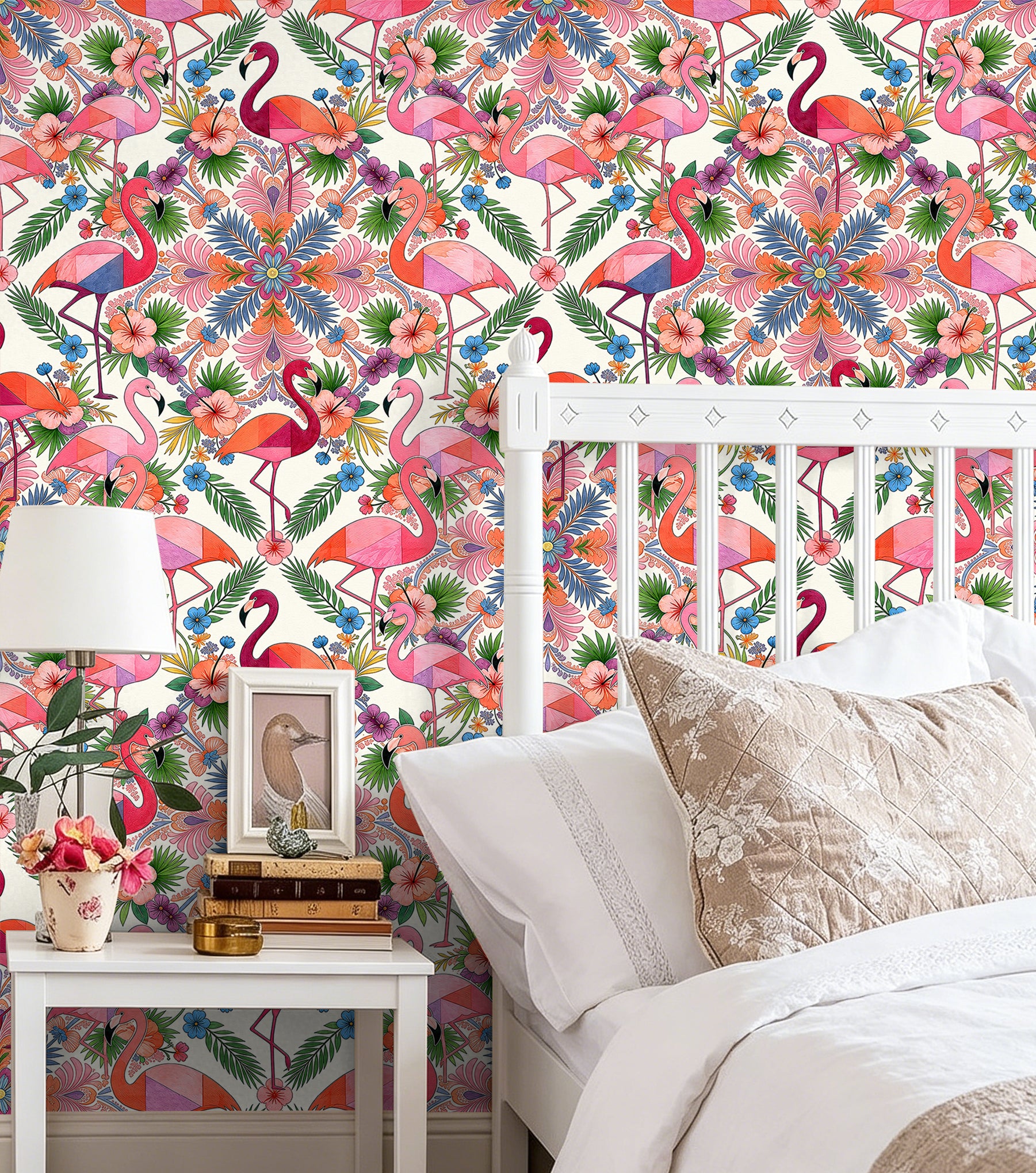 HaokHome Peel and Stick Wallpaper Colorful Flamingo Mandala Tropical Removable Wall Decor with Geometric Floral Pattern for Bright Boho Room