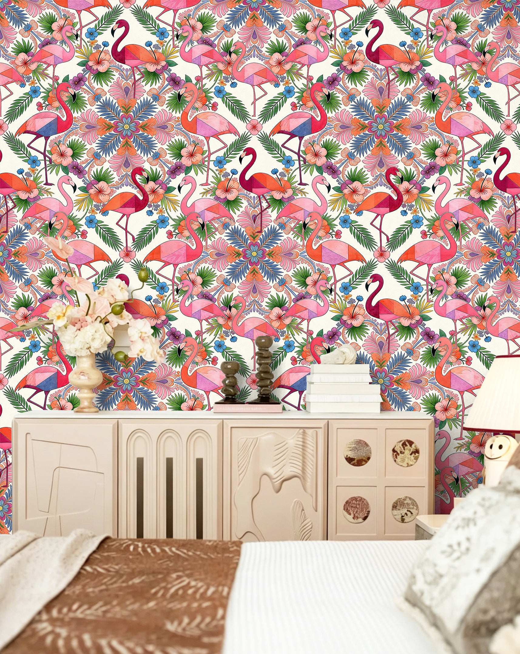 HaokHome Peel and Stick Wallpaper Colorful Flamingo Mandala Tropical Removable Wall Decor with Geometric Floral Pattern for Bright Boho Room