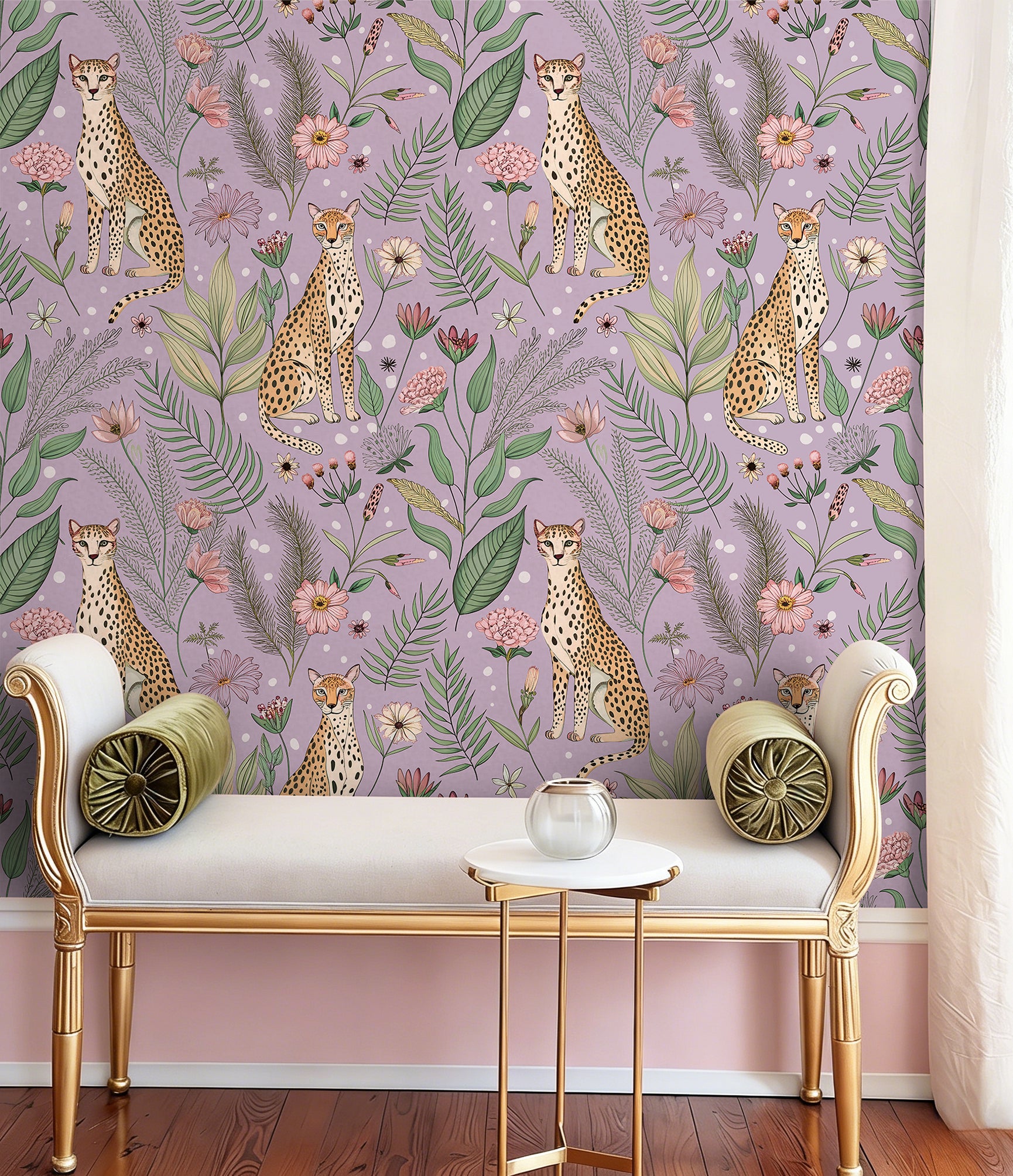 HaokHome Peel and Stick Purple Cheetah Wallpaper – Jungle Floral Removable Wall Mural for Kids Room, Nursery, or Playroom