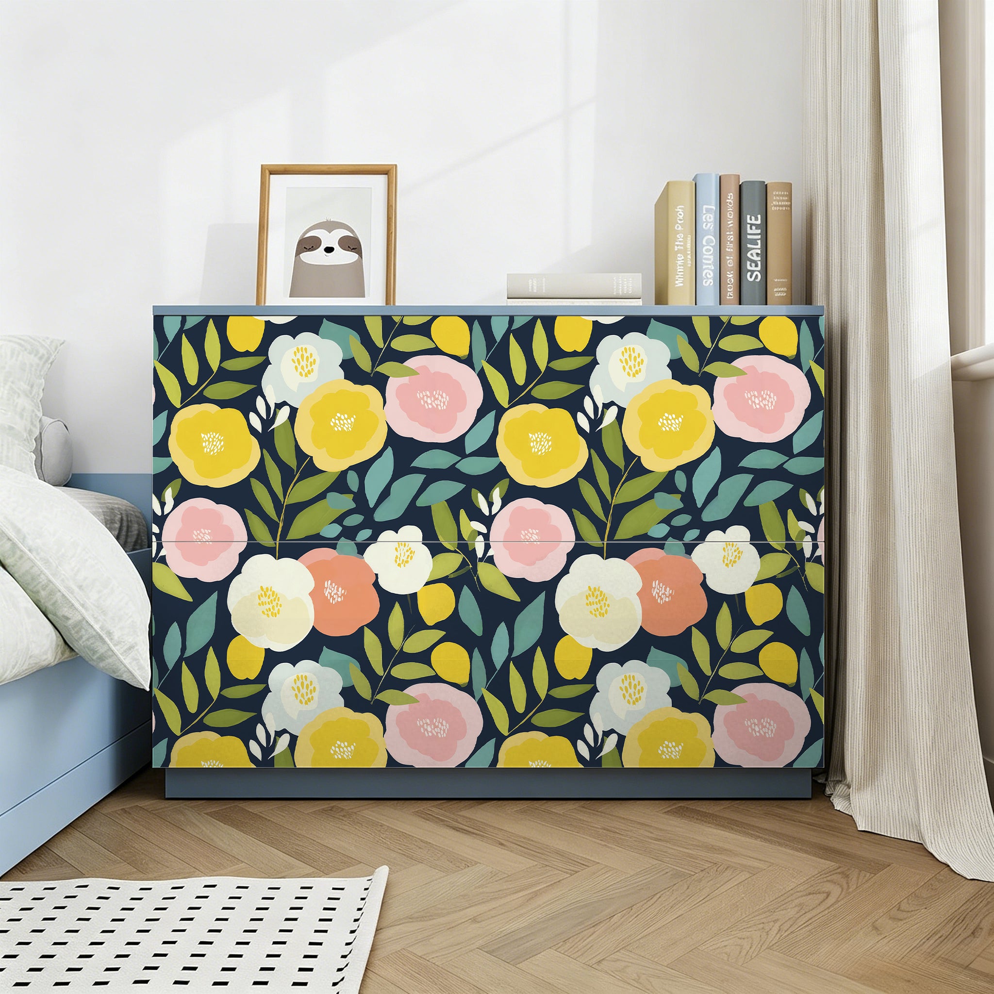 HaokHome Navy Botanical Peel and Stick Wallpaper, Colorful Flower & Leaf Removable Wallpaper for Renters