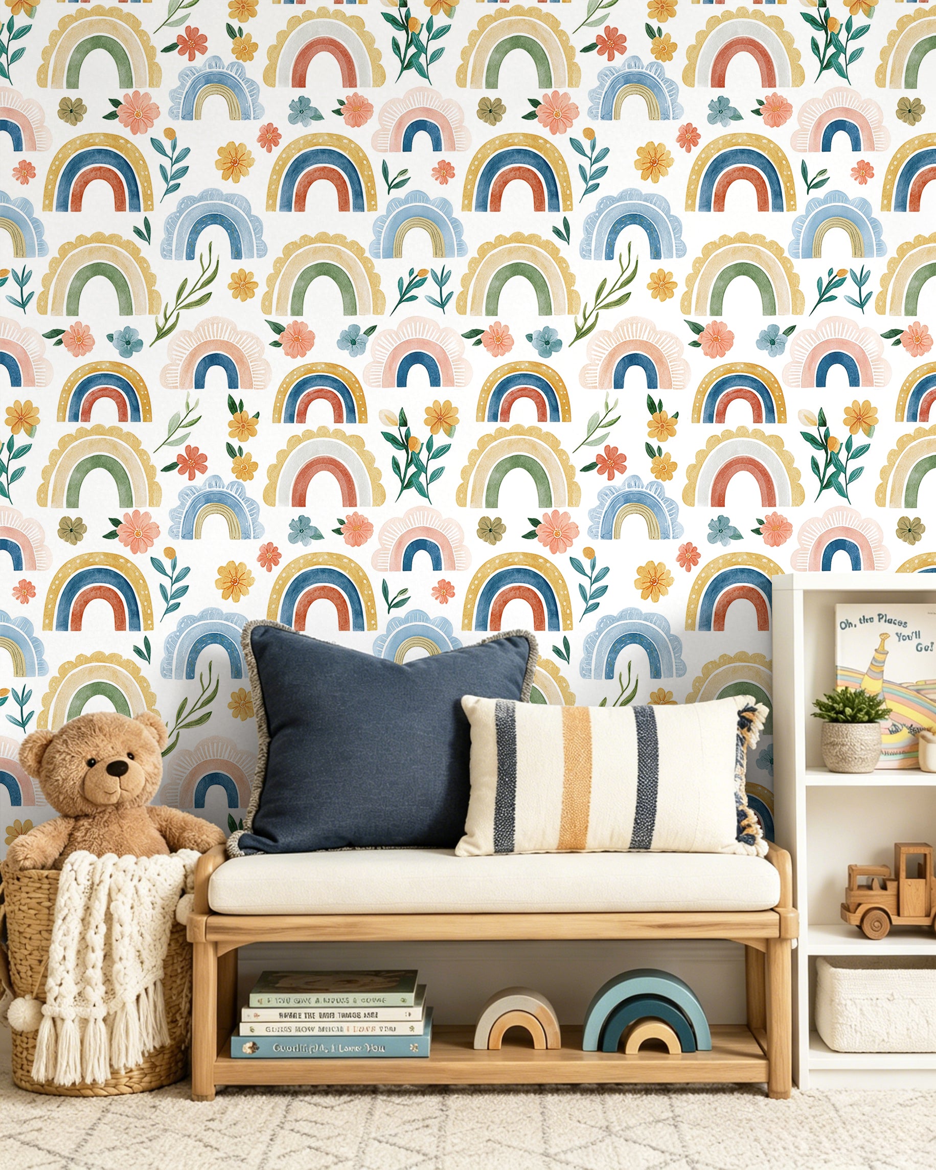 Boho Rainbow Floral Peel and Stick Wallpaper – Watercolor Neutral Nursery Print