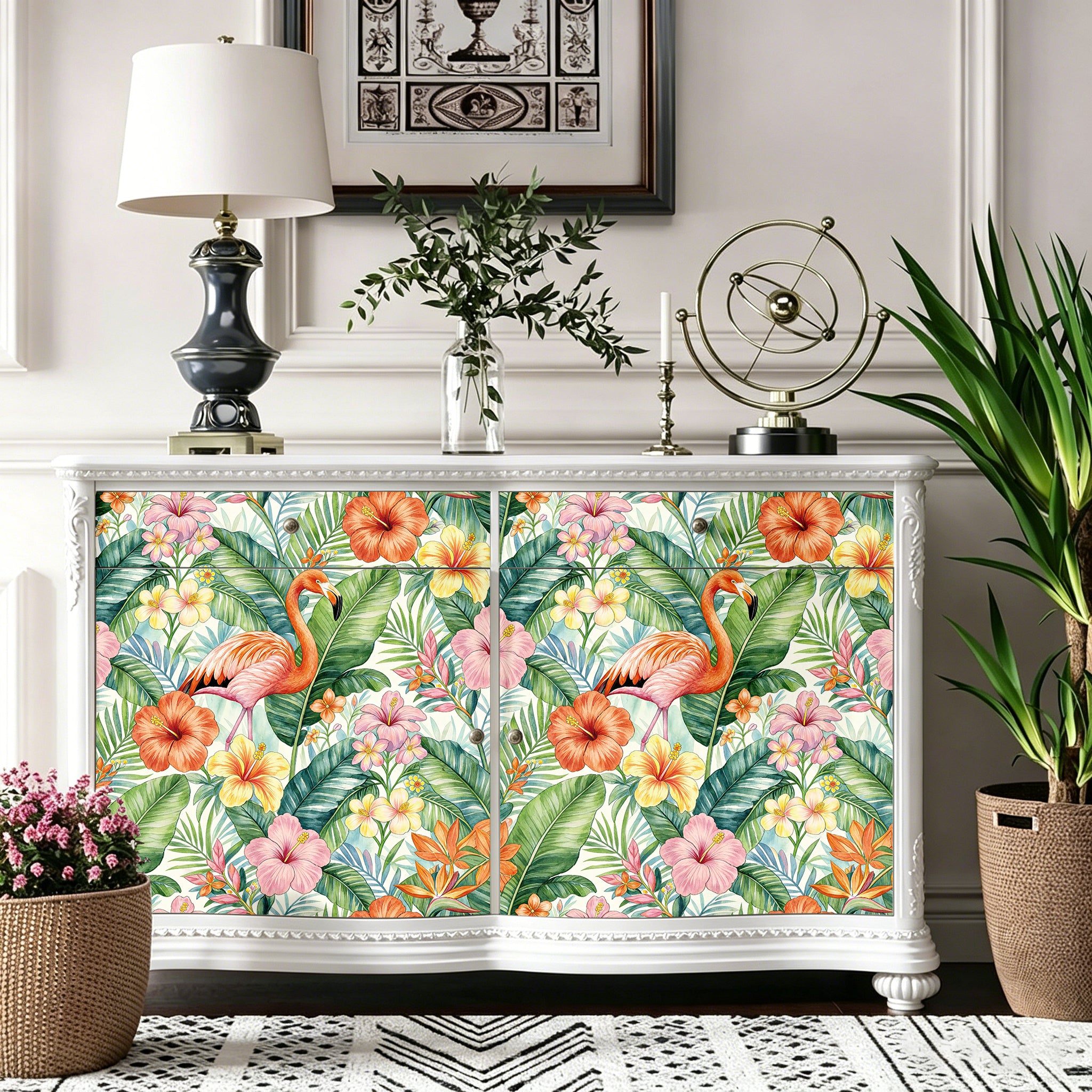 HaokHome Peel and Stick Wallpaper Tropical Flamingo Hibiscus Floral Removable Wall Paper Boho Watercolor Jungle Mural for Bedroom Living Room Bathroom Cabinets