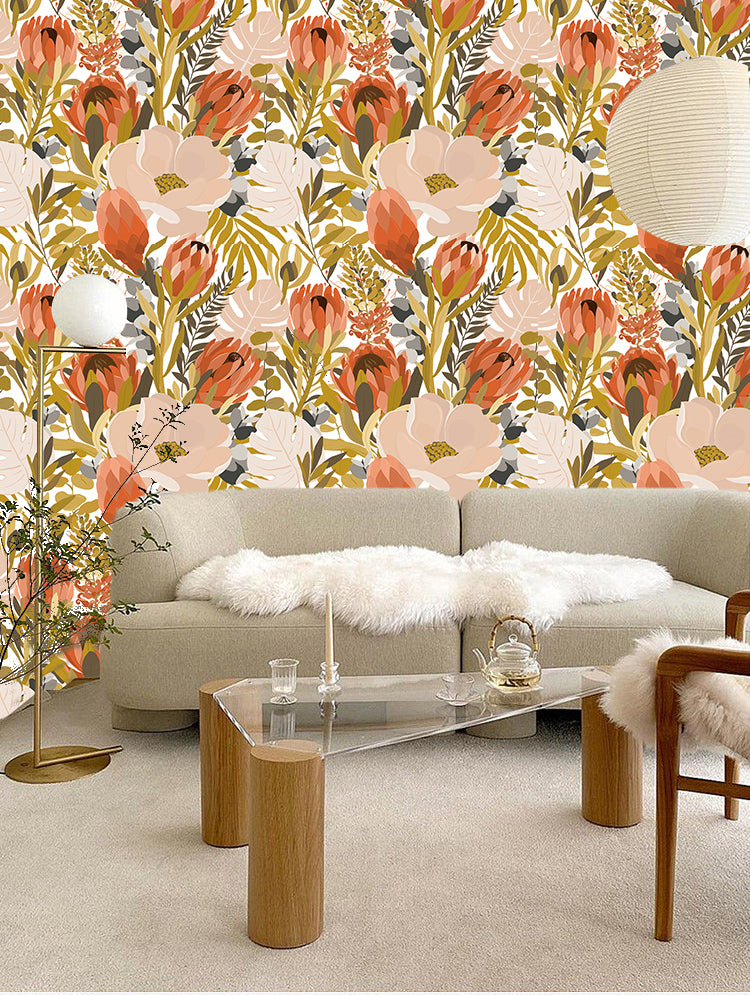 HaokHome Floral Peel and Stick Wallpaper Orange Vintage Adhesive Contact Paper for Walls