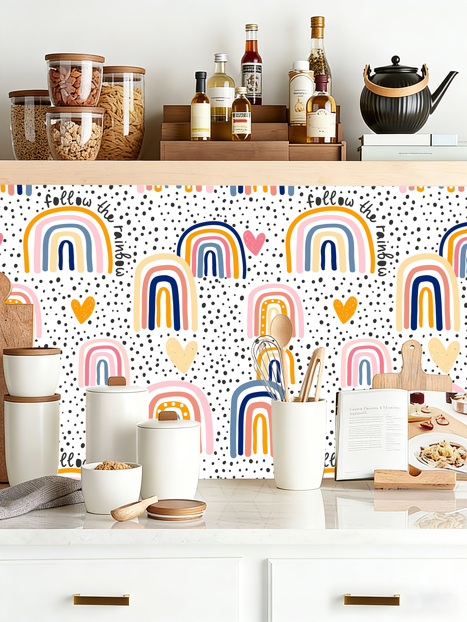 HaokHome Peel and Stick Wallpaper Boho Whimsical Rainbow & Hand-Drawn Hearts on Polka Dot Background Removable Wall Mural for Nursery & Kids Bedroom
