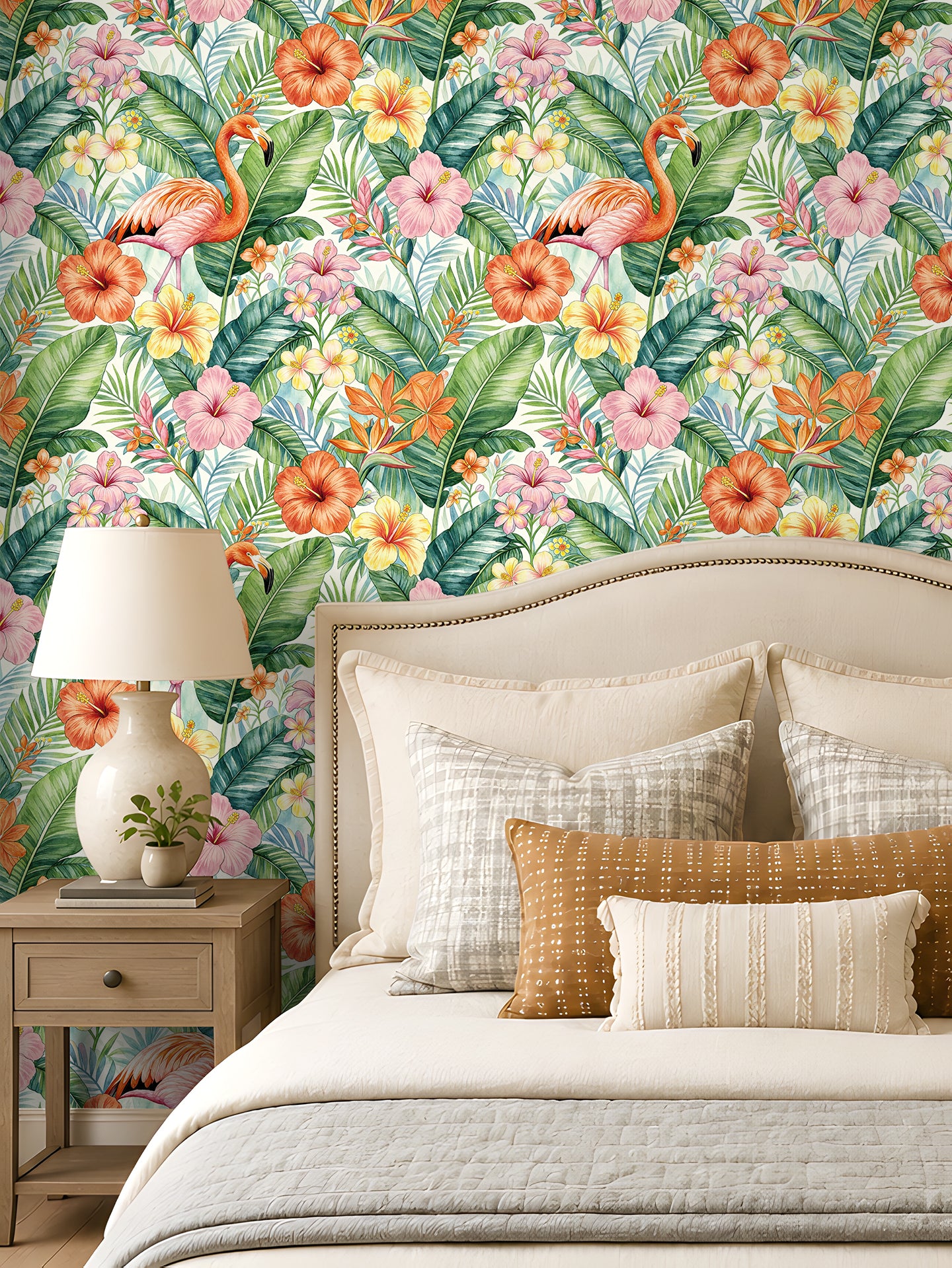 HaokHome Peel and Stick Wallpaper Tropical Flamingo Hibiscus Floral Removable Wall Paper Boho Watercolor Jungle Mural for Bedroom Living Room Bathroom Cabinets