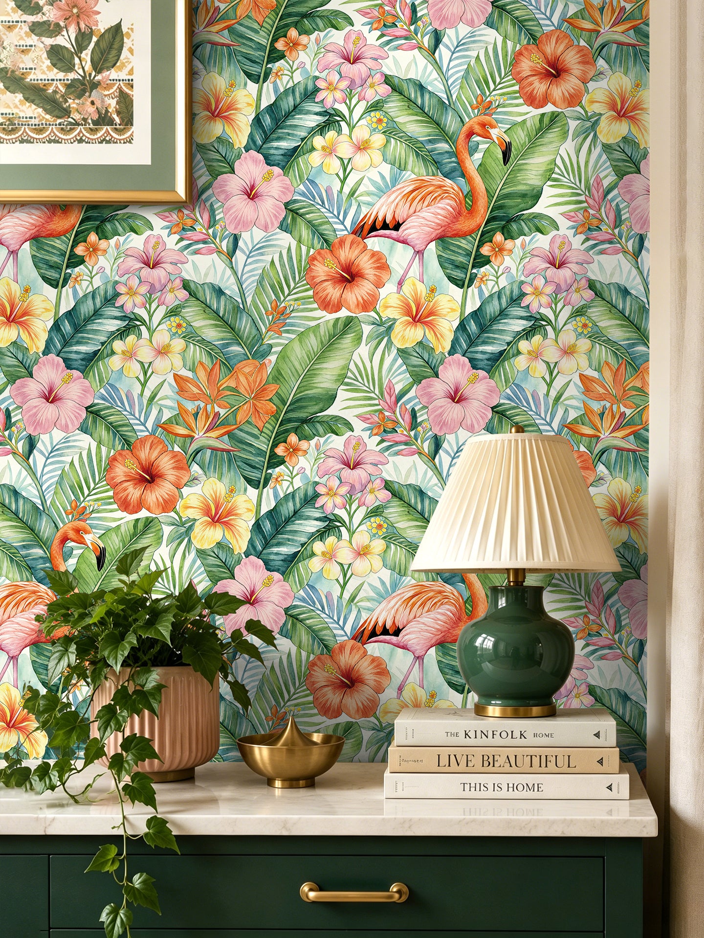HaokHome Peel and Stick Wallpaper Tropical Flamingo Hibiscus Floral Removable Wall Paper Boho Watercolor Jungle Mural for Bedroom Living Room Bathroom Cabinets