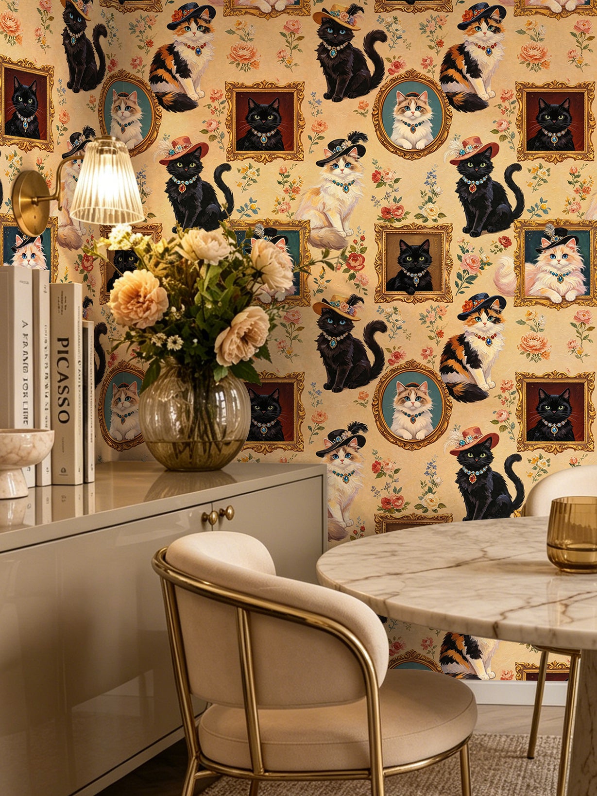 HaokHome Peel and Stick Wallpaper Vintage Aristocat Floral Wall Mural Removable Self Adhesive Whimsical Cat Wallpaper