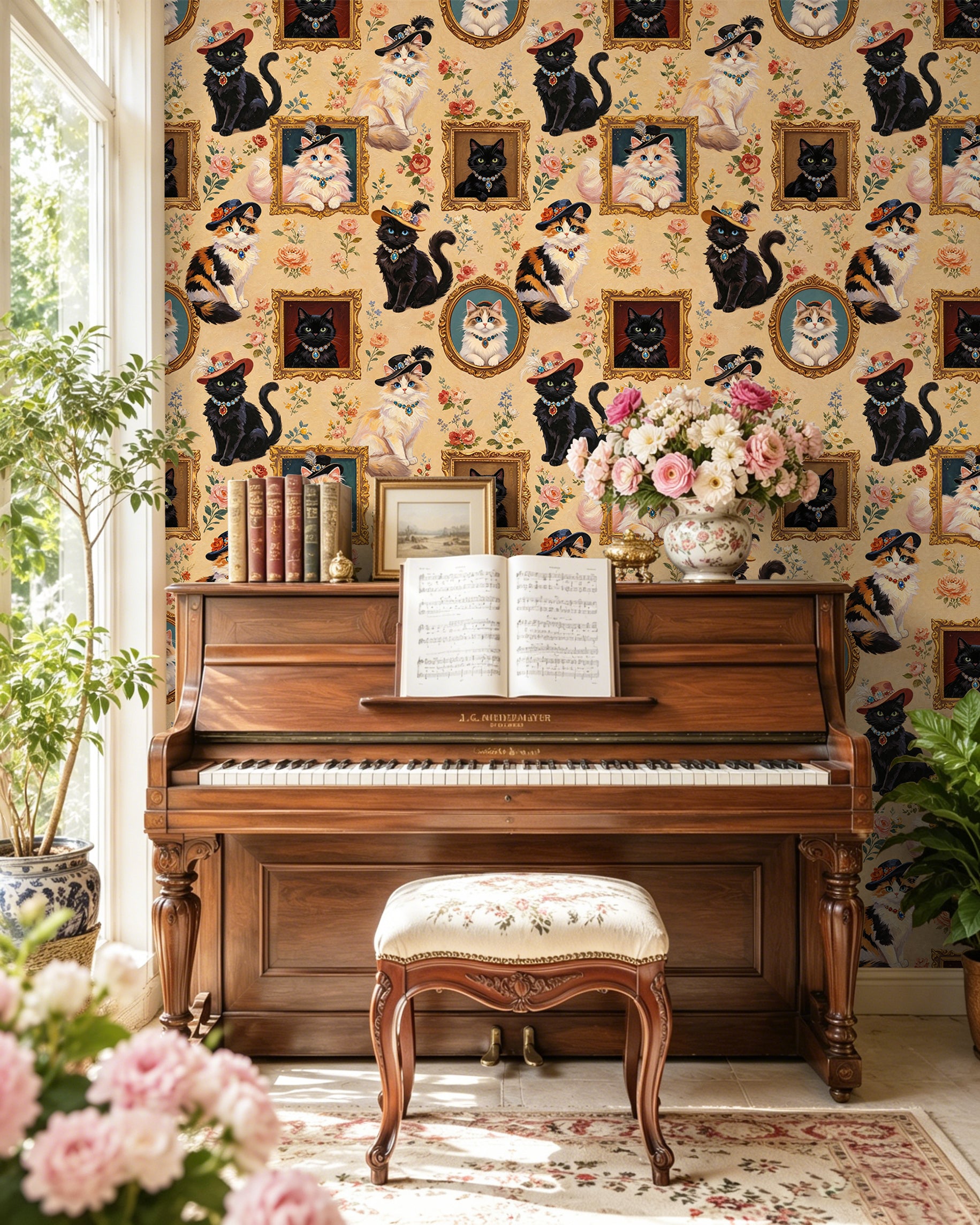 HaokHome Peel and Stick Wallpaper Vintage Aristocat Floral Wall Mural Removable Self Adhesive Whimsical Cat Wallpaper