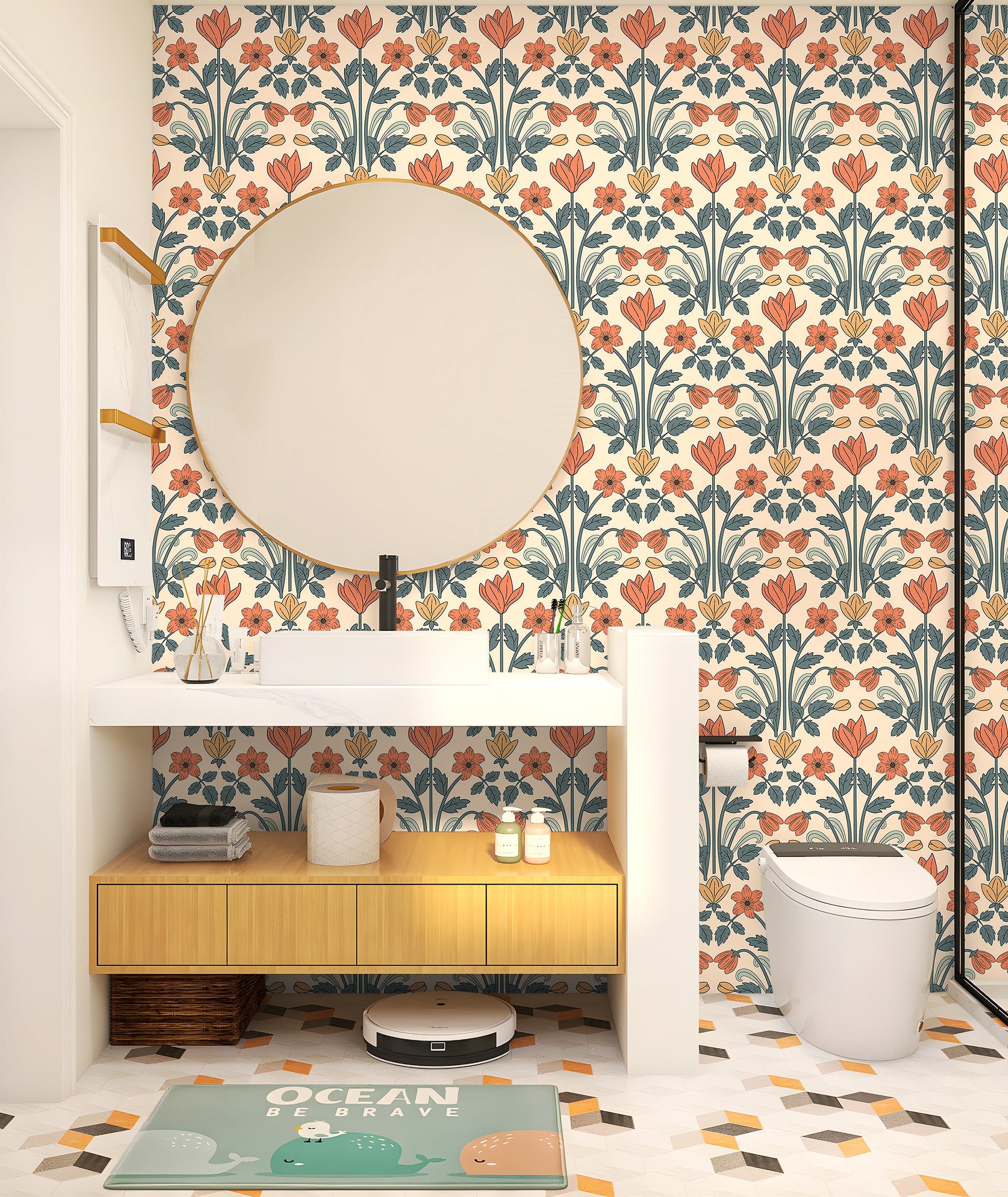 Warm Peach Art Nouveau Symmetric Tulip Peel and Stick Floral Wallpaper