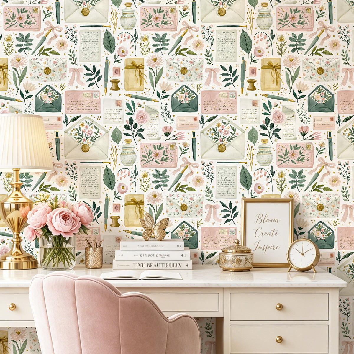 HaokHome Vintage Botanical Letter Collage Removable Self‑Adhesive Wall Covering, Cottagecore Old Letter & Floral Peel Stick Wallpaper