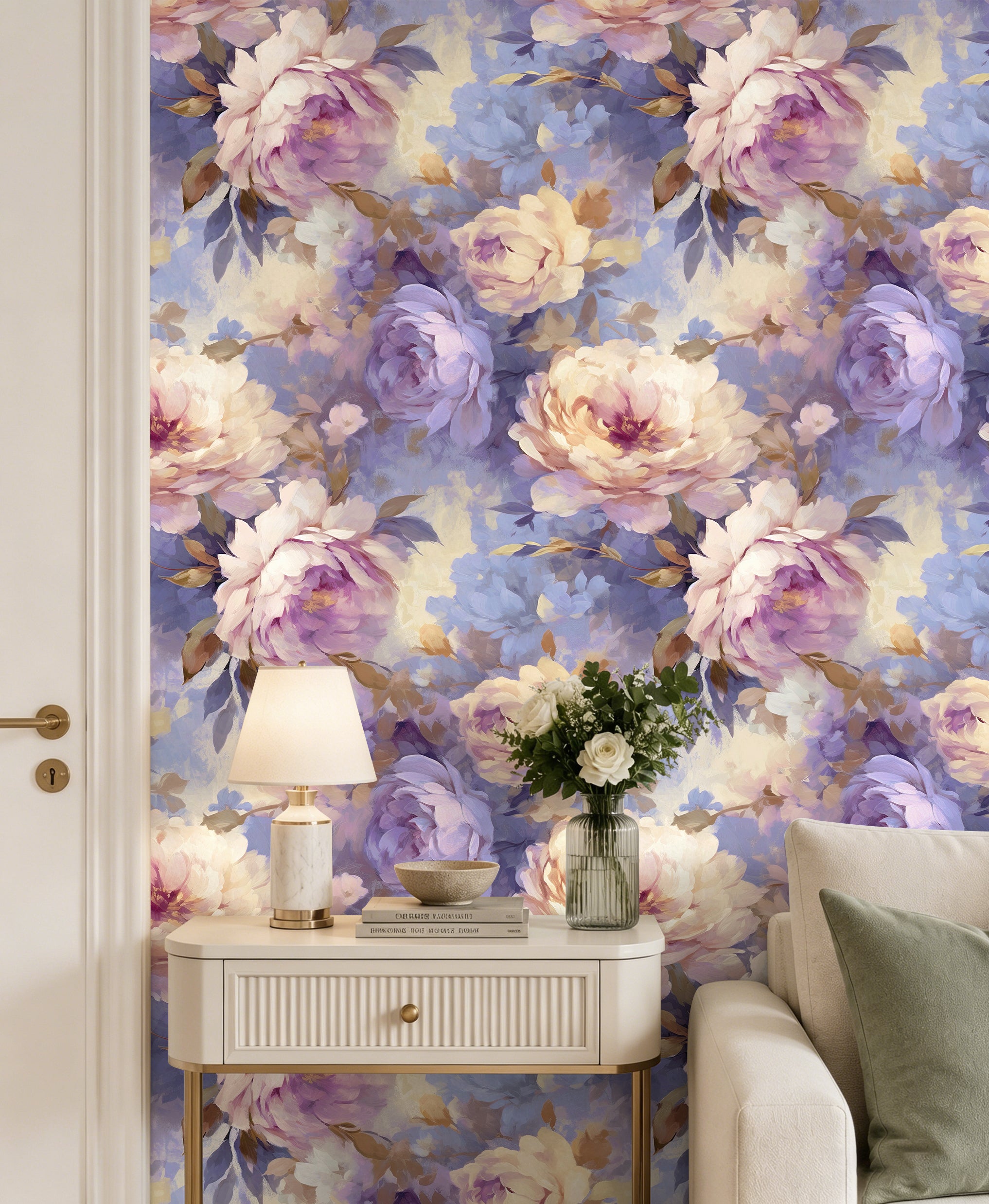 HaokHome Wallpaper Peel and Stick Peony Floral Watercolor Wall Decor in Soft Pink, Purple & Gold Removable Mural
