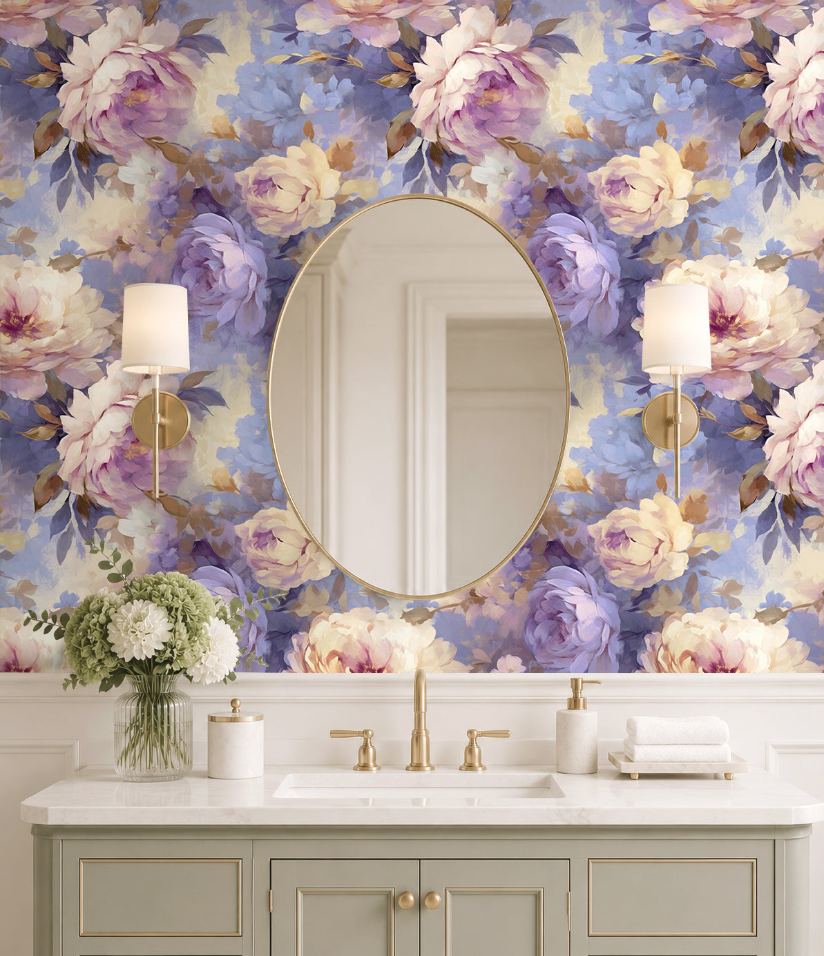 HaokHome Wallpaper Peel and Stick Peony Floral Watercolor Wall Decor in Soft Pink, Purple & Gold Removable Mural