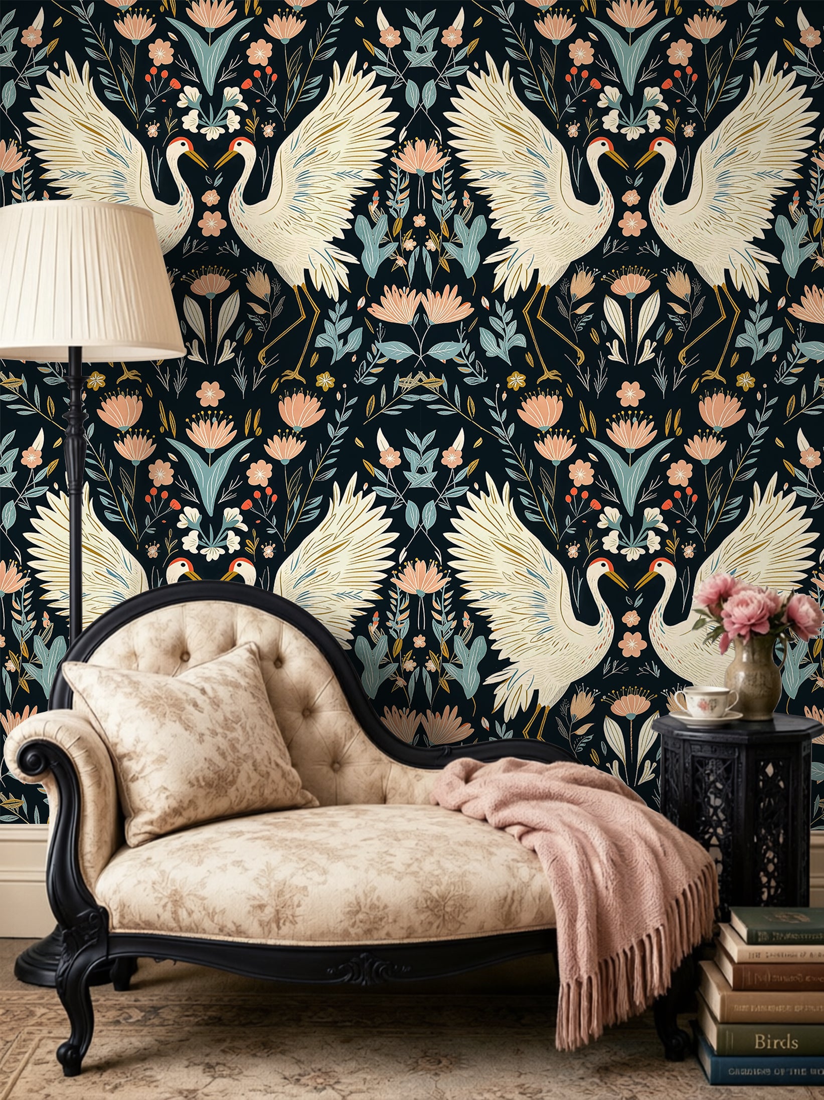 HaokHome Peel and Stick Wallpaper Chinoiserie Crane Floral Botanical Wall Mural Removable Self Adhesive Dark Vintage Wallpaper