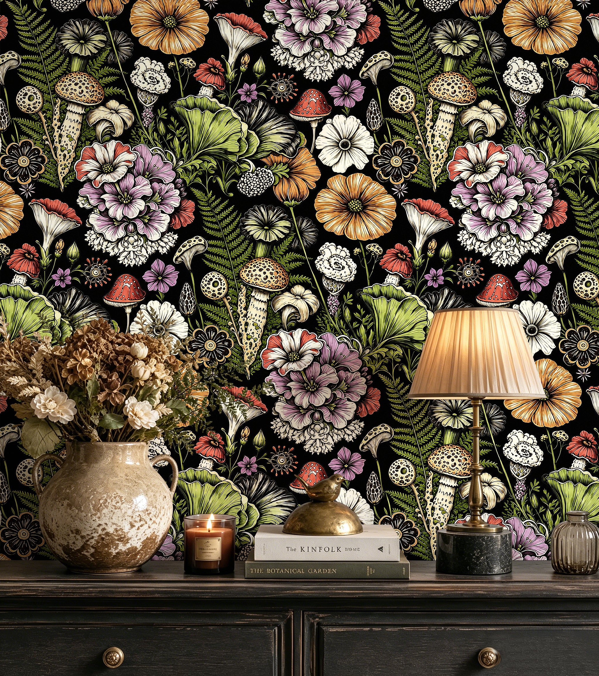 HaokHome Peel and Stick Wallpaper Dark Mushroom Floral Botanical Wall Mural Removable Self Adhesive Whimsical Cottagecore Wallpaper