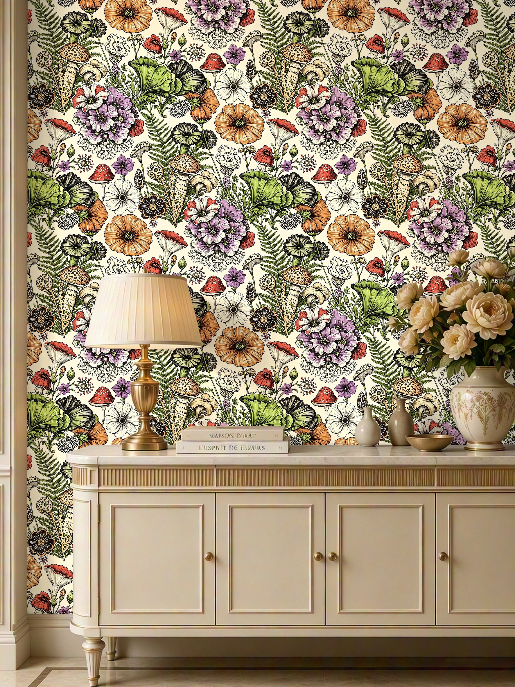 HaokHome Refresh Accent Wall Vintage Mushroom Floral Peel and Stick Wallpaper