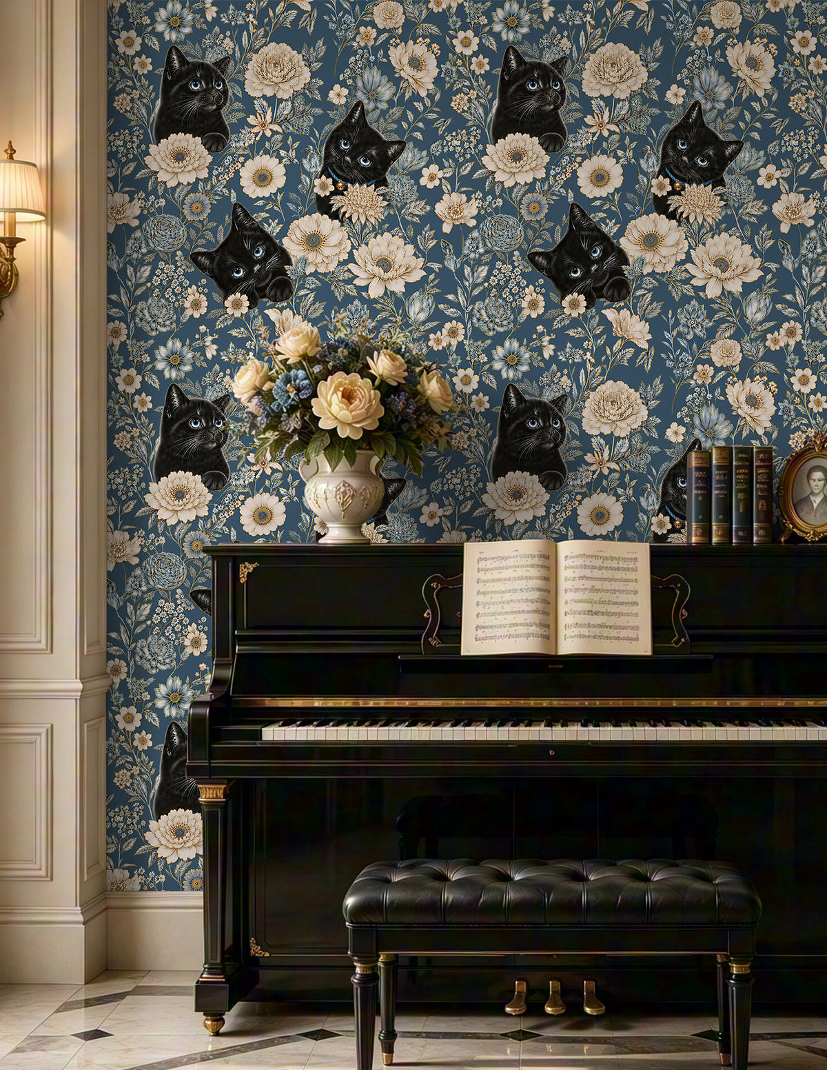 HaokHome Black Cat Vintage Floral Removable Self-Adhesive Wall Covering, Navy Blue Botanical Wallpaper