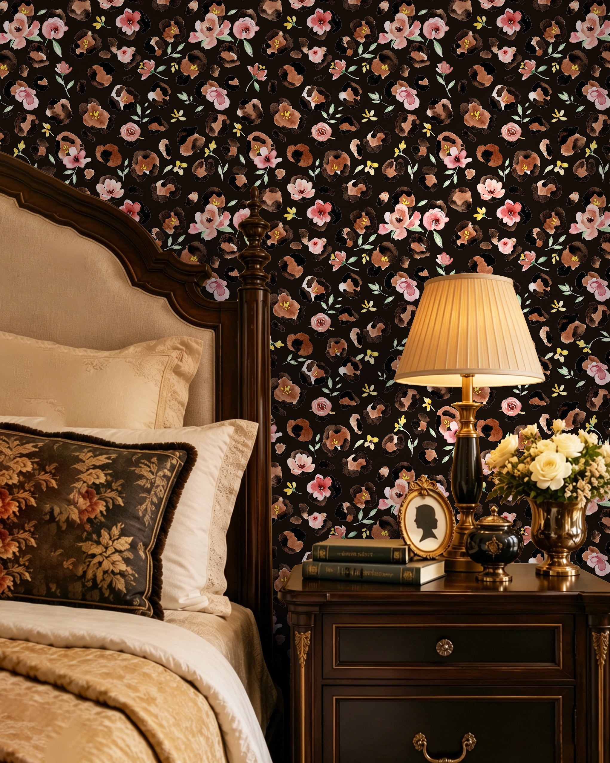 HaokHome Watercolor Leopard Floral Peel and Stick Wallpaper – Pink Flowers on Dark Brown Background