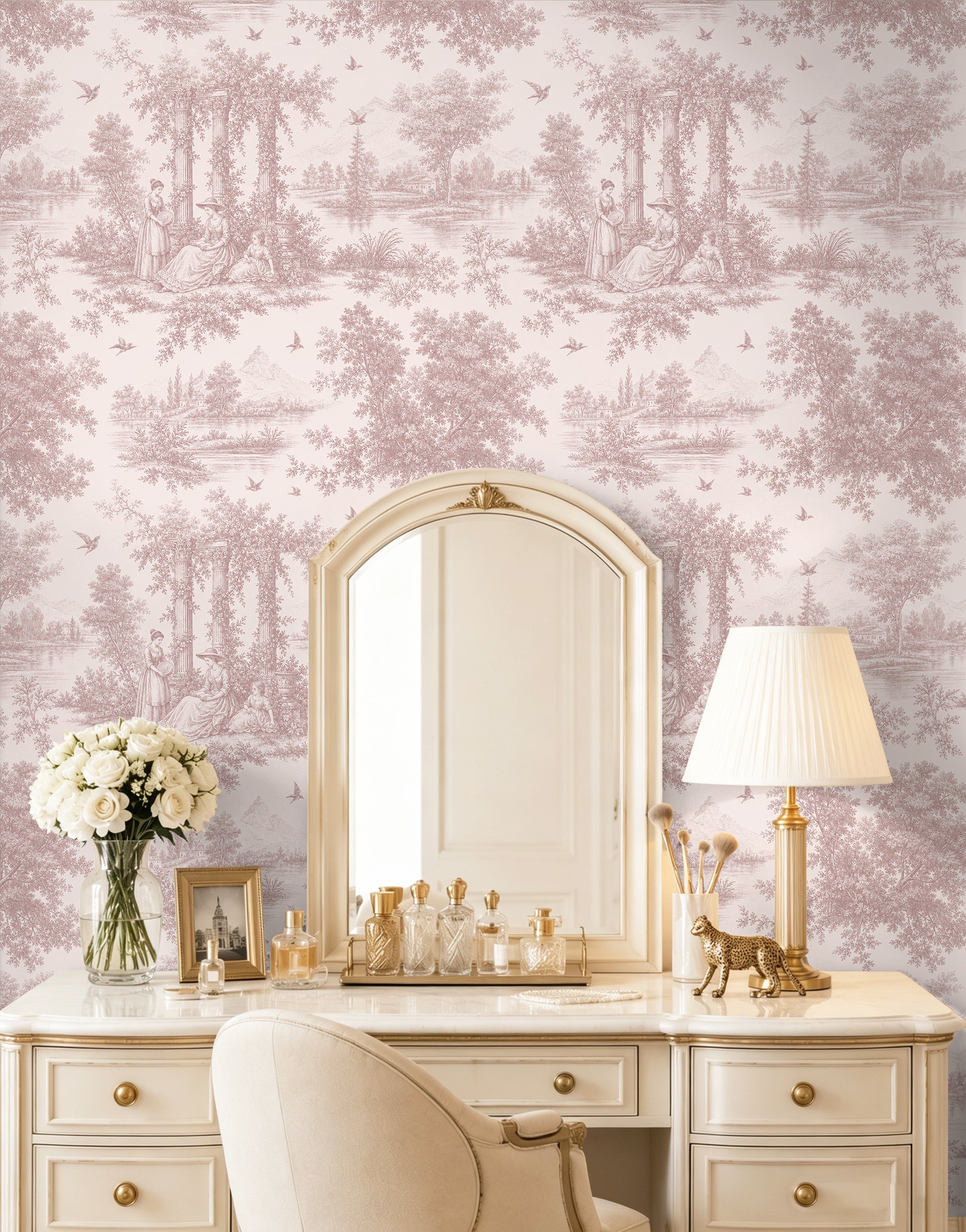HaokHome Peel and Stick Wallpaper Blush Pink Forest Figure Toile de Jouy Wall Mural Removable Self Adhesive Soft Vintage Cottage Wallpaper