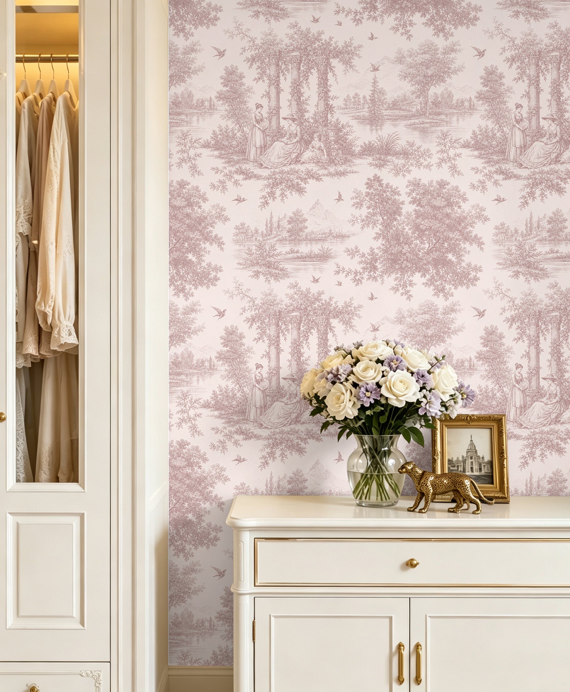 HaokHome Peel and Stick Wallpaper Blush Pink Forest Figure Toile de Jouy Wall Mural Removable Self Adhesive Soft Vintage Cottage Wallpaper