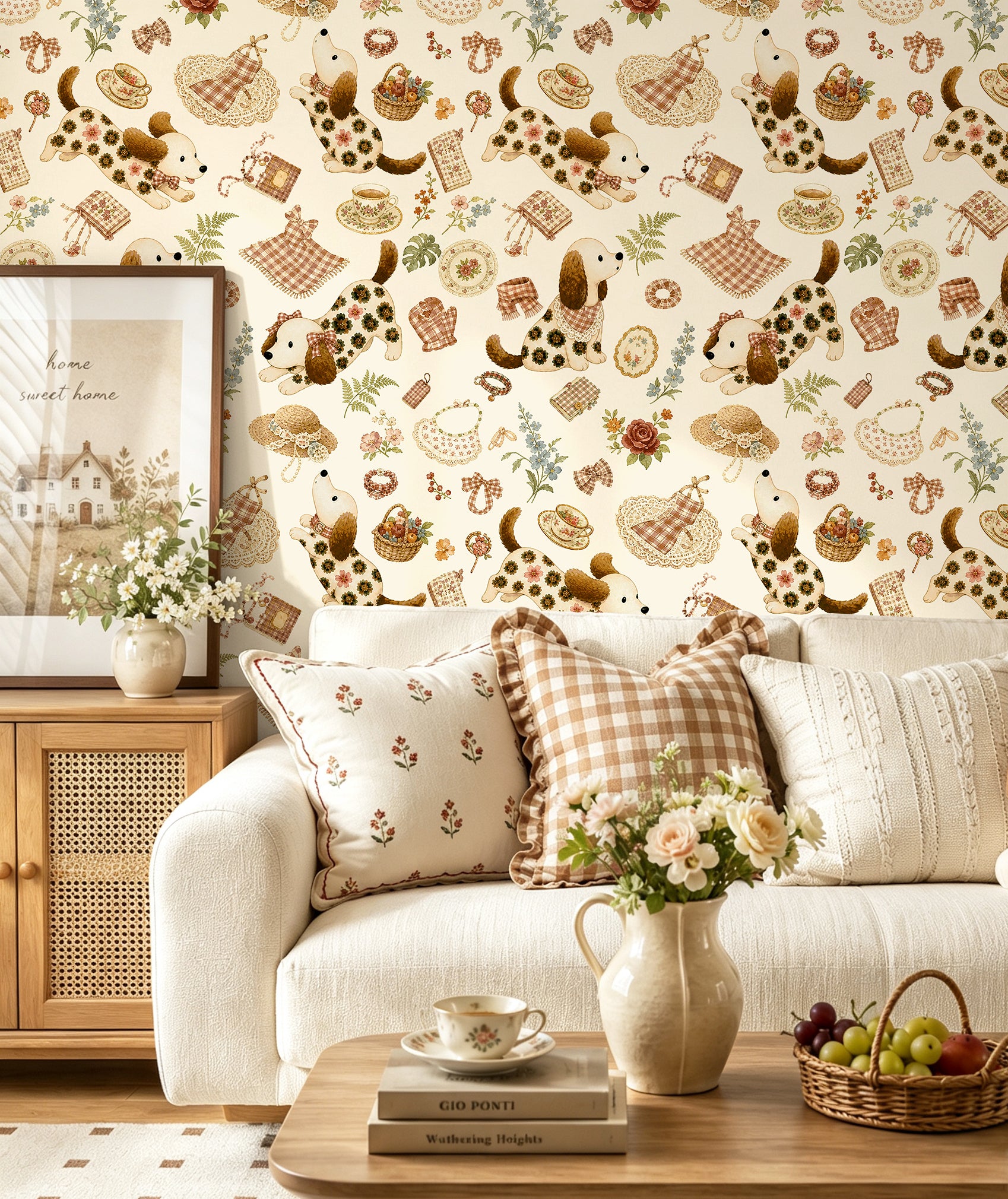 HaokHome Cottagecore Dachshund Dog Tea Party Peel and Stick Wallpaper