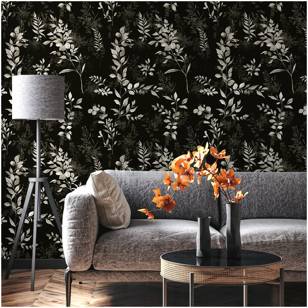 HaokHome Moody Black Botanical Peel and Stick Wallpaper, Dark Watercolor Leaf Floral Removable Self Adhesive Wallpaper for Bedroom & Living Room