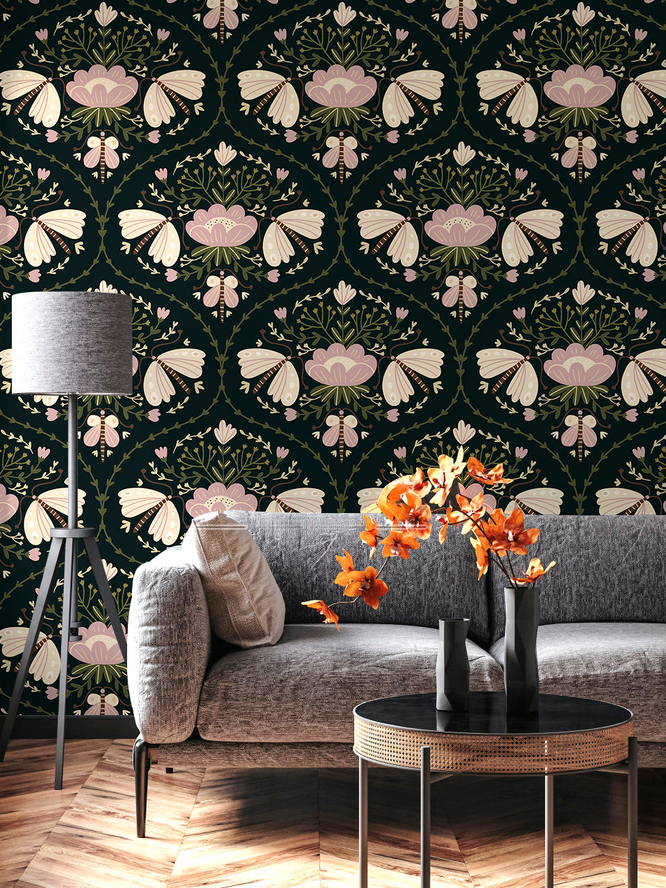 HaokHome Dark Green Folk Art Butterfly Floral Removable Self‑Adhesive Wall Covering