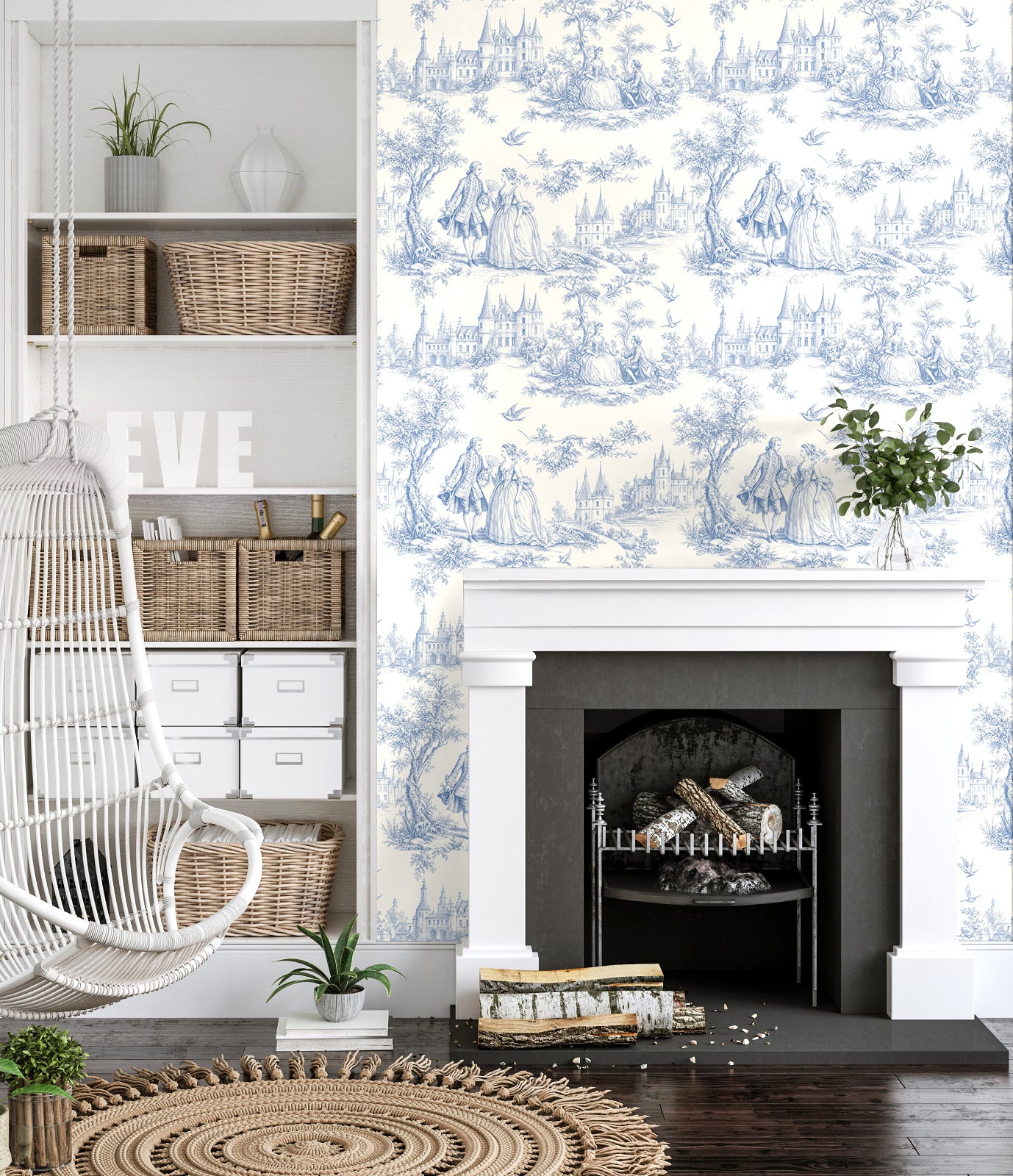 Blue Toile de Jouy Vintage Castle Wallpaper