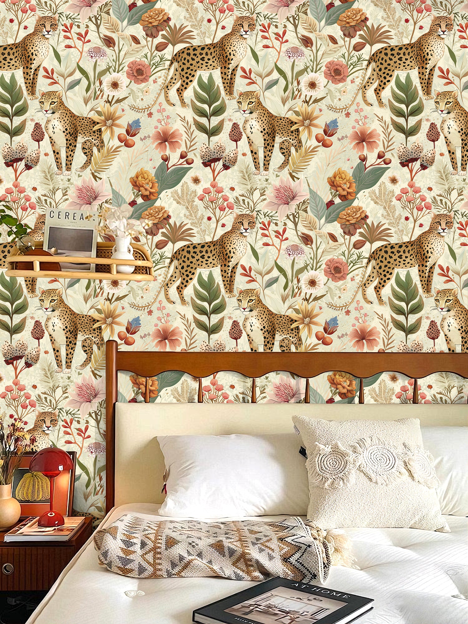 HaokHome Vintage Leopard Floral Removable Self‑Adhesive Wall Covering, Wild Jungle Botanical Peel and Stick Wallpaper