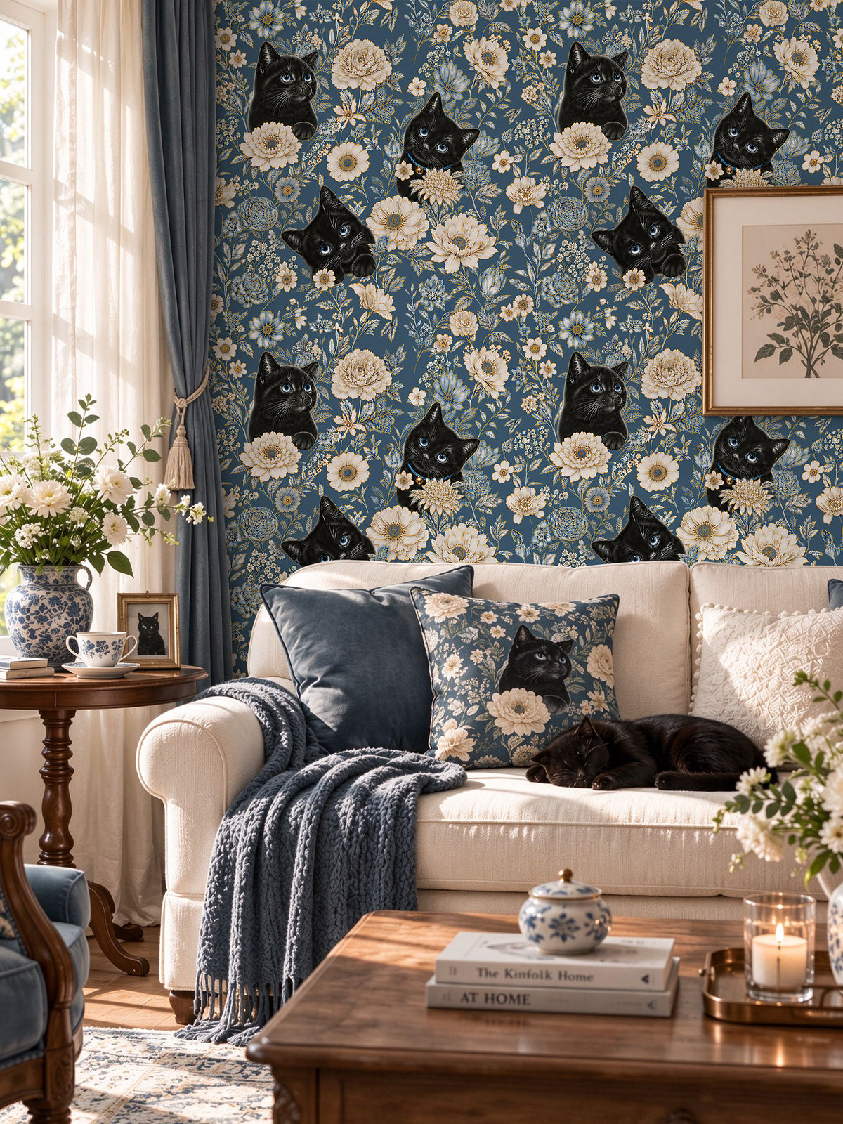 HaokHome Black Cat Vintage Floral Removable Self-Adhesive Wall Covering, Navy Blue Botanical Wallpaper