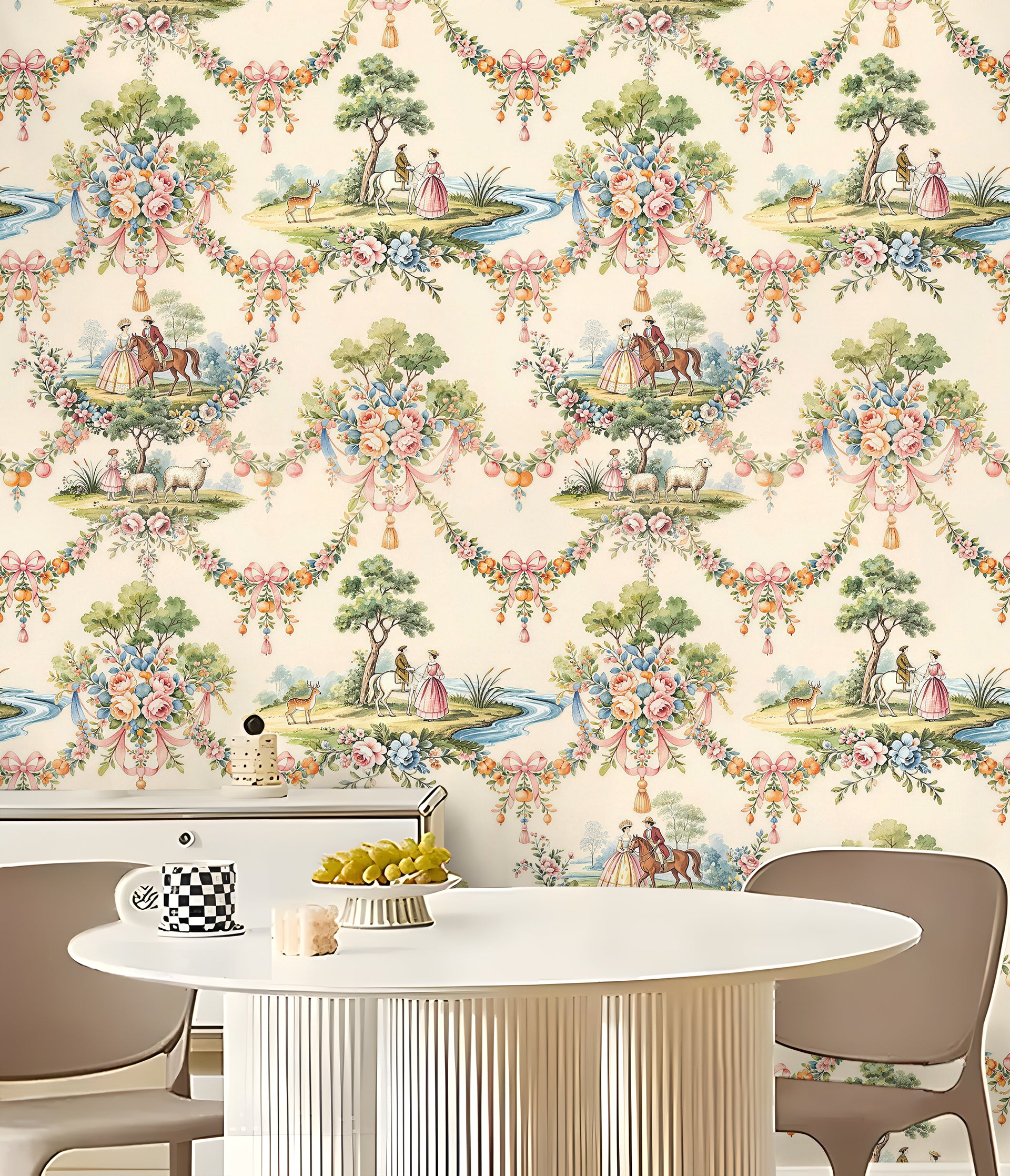 HaokHome Vintage French Pastoral Peel and Stick Wallpaper, Elegant Floral & Equestrian Scenic Removable Self Adhesive Wallpaper, Soft Muted Tone