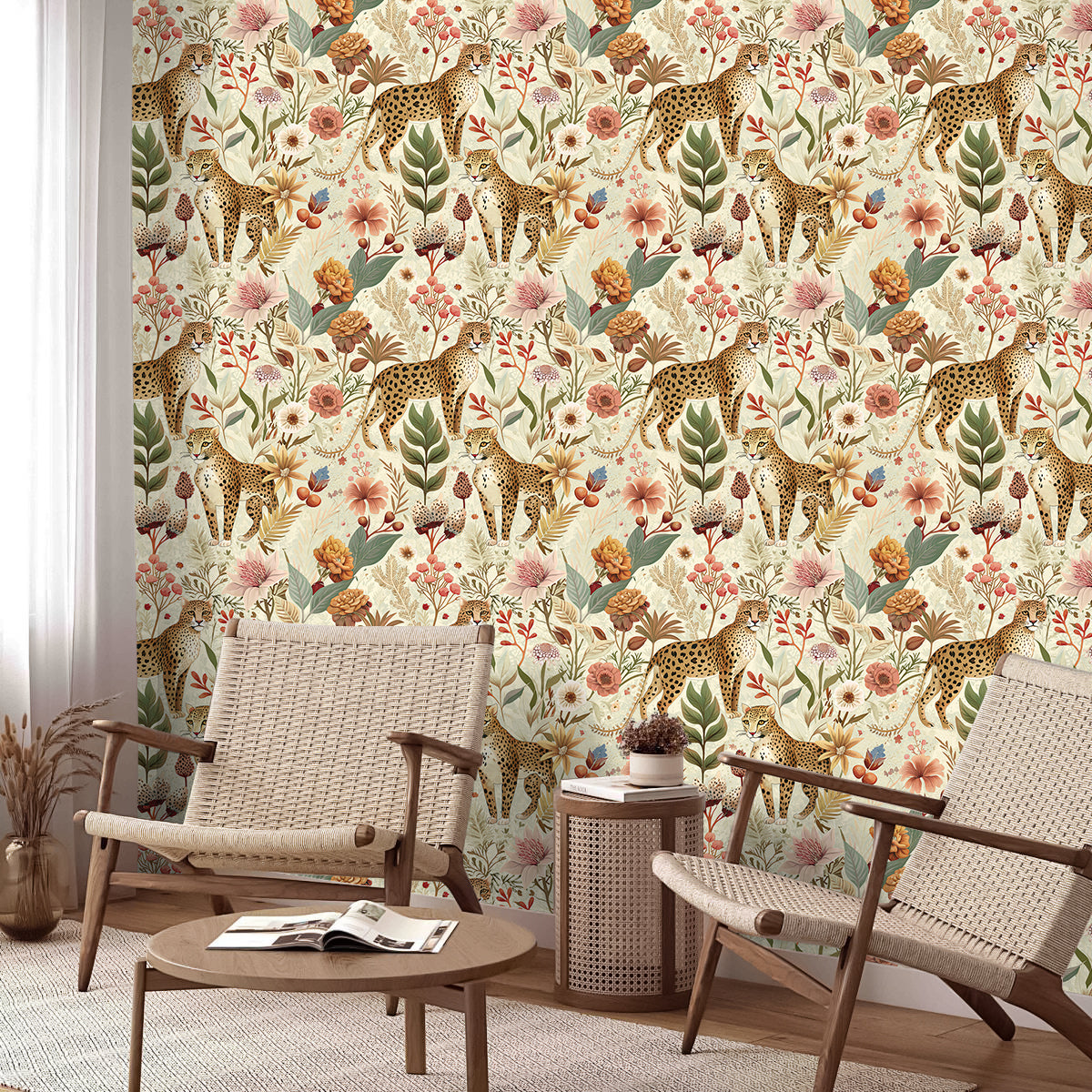 HaokHome Vintage Leopard Floral Removable Self‑Adhesive Wall Covering, Wild Jungle Botanical Peel and Stick Wallpaper