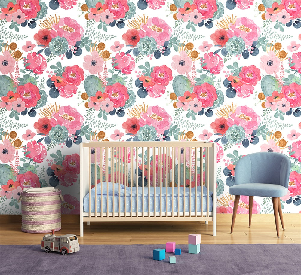 Watercolor Blush Rose & Cactus Peel and Stick Wallpaper, Soft Bright Botanical Decor | HaokHome