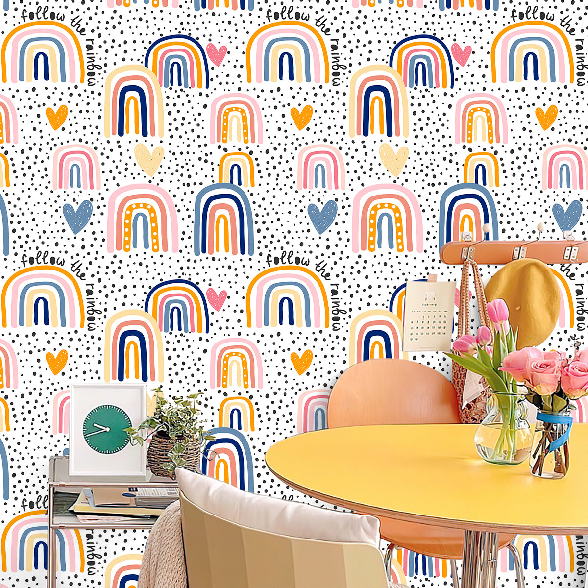 HaokHome Peel and Stick Wallpaper Boho Whimsical Rainbow & Hand-Drawn Hearts on Polka Dot Background Removable Wall Mural for Nursery & Kids Bedroom
