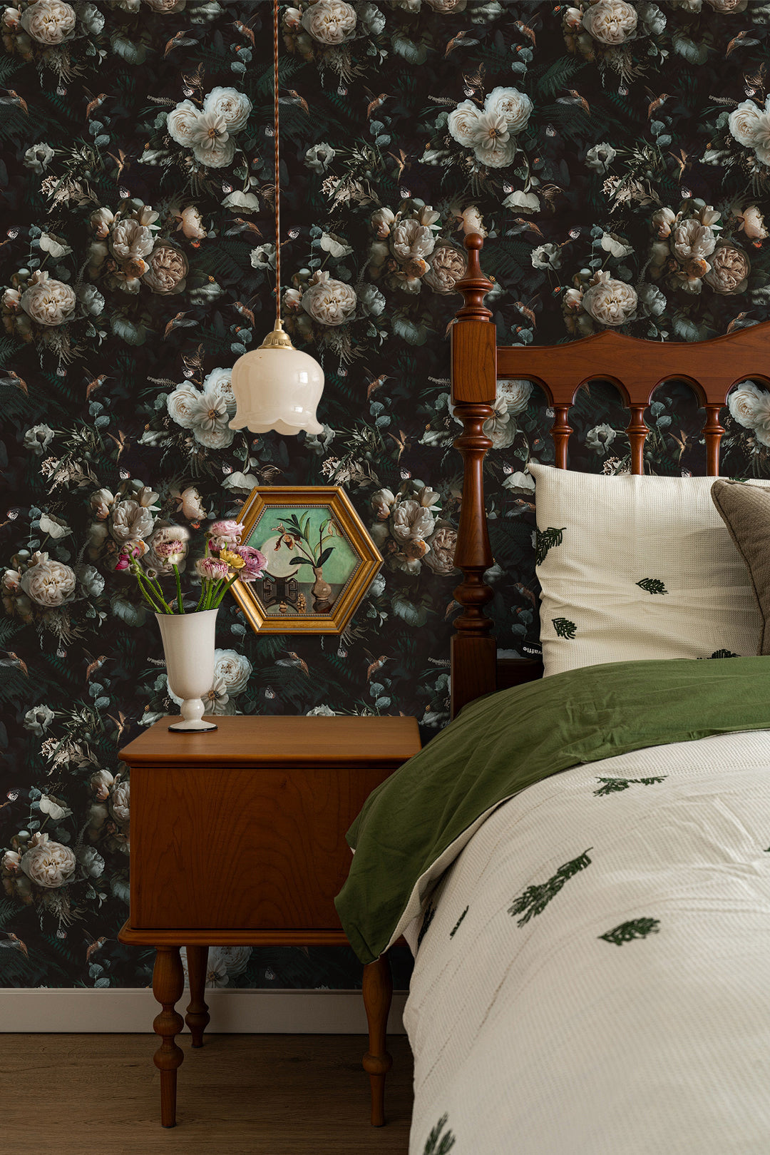 HaokHome Peel and Stick Boho Wallpaper Removable Vintage Black Floral Contact Paper for Cabinet Accent Wall