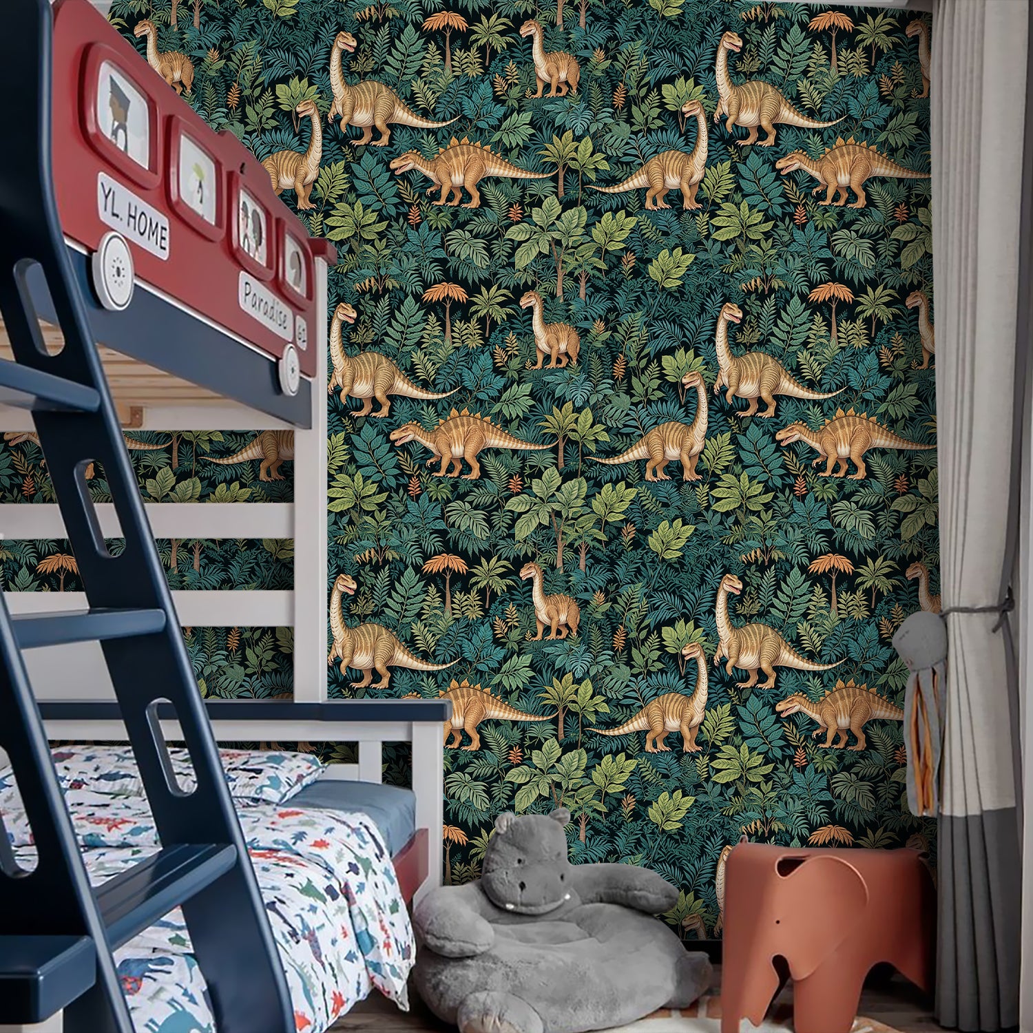 HaokHome Wallpaper Peel and Stick Dinosaur Jungle Foliage Wall Decor Removable Mural