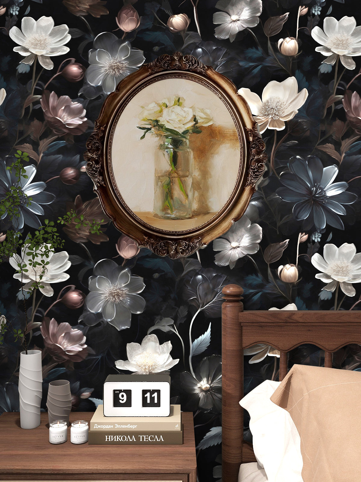 HaokHome Wallpaper Peel and Stick Dark Floral Watercolor Wall Decor in Black, White & Burgundy Removable Mural