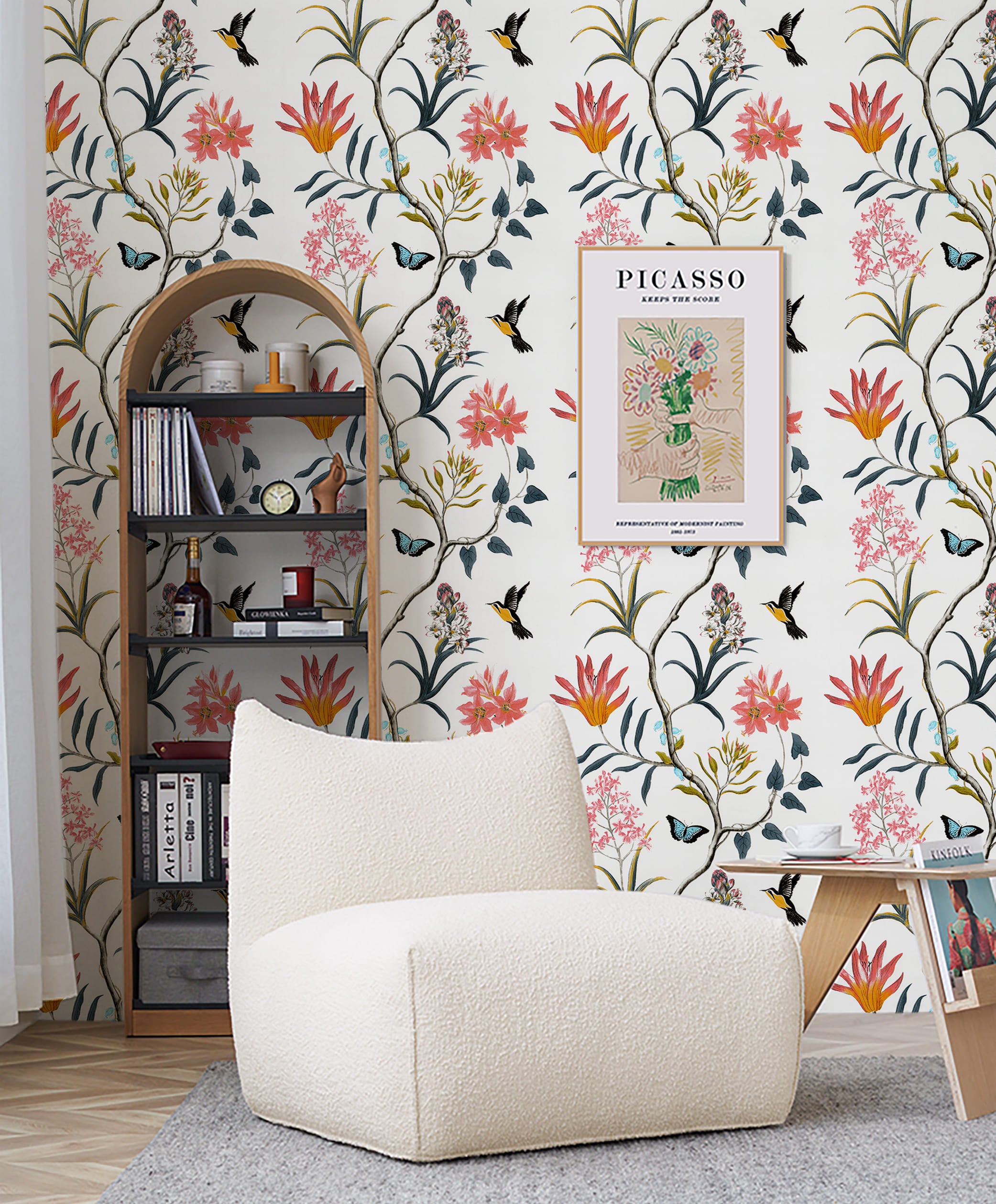 HaokHome Peel and Stick Wallpaper White Watercolor Hummingbird Butterfly Floral Branch Wall Mural Removable Self Adhesive Chinoiserie Botanical Wallpaper