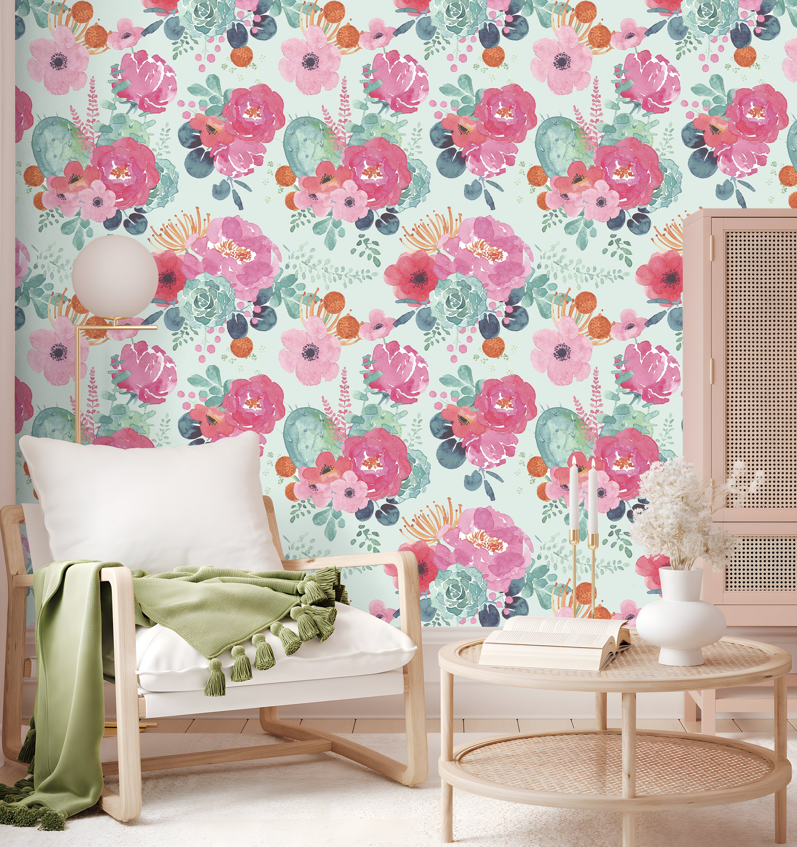 HaokHome Peel and Stick Wallpaper Mint Green Watercolor Peony Floral Wall Mural Removable Self Adhesive Soft Botanical Wallpaper