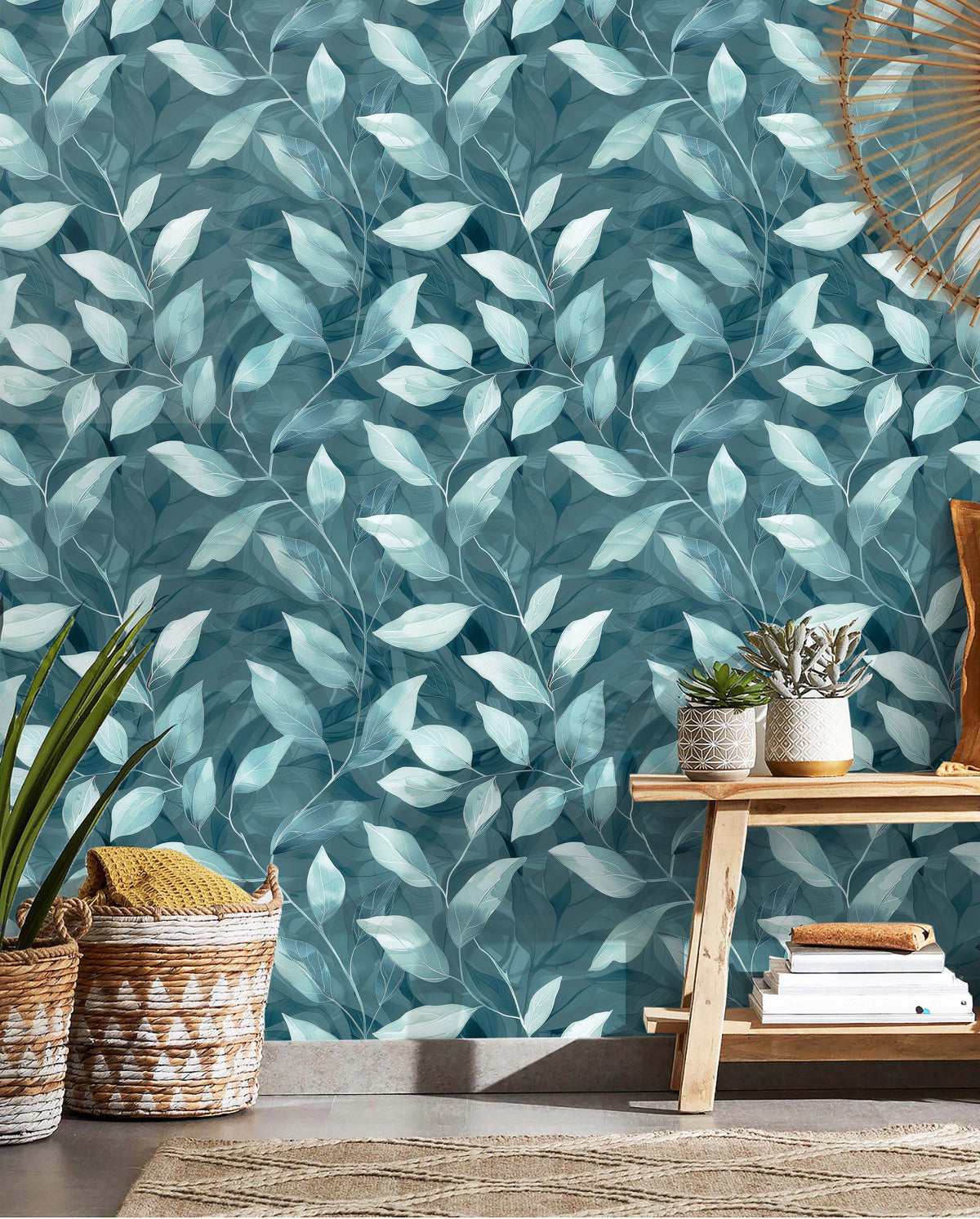 Haokhome Dusty Teal Layered Leaf Removable Self‑Adhesive Wall Covering, Dark Green Watercolor Foliage Wallpaper