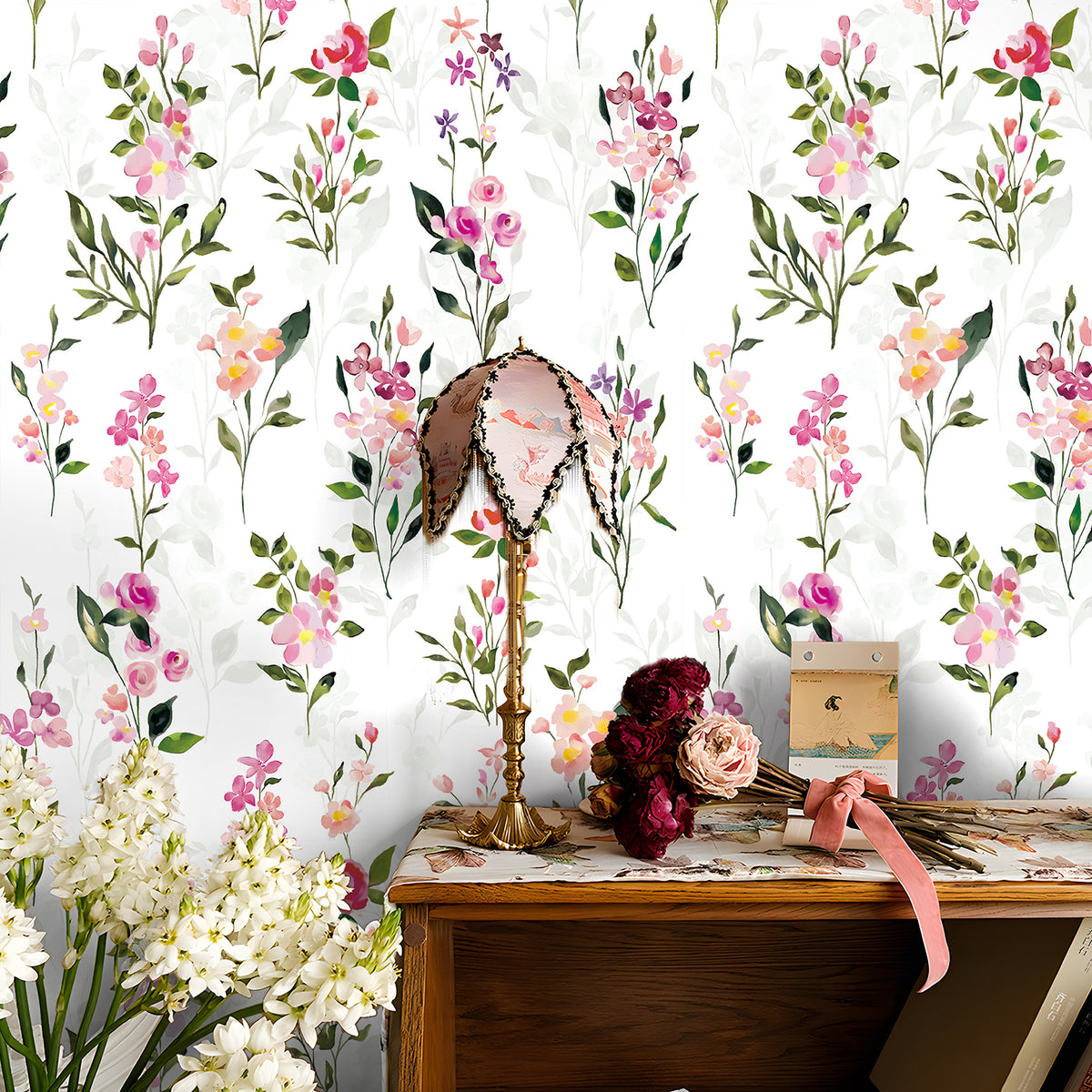 HaokHome Watercolor Wildflower Removable Self‑Adhesive Wall Covering, Pink Purple Botanical Peel and Stick Wallpaper