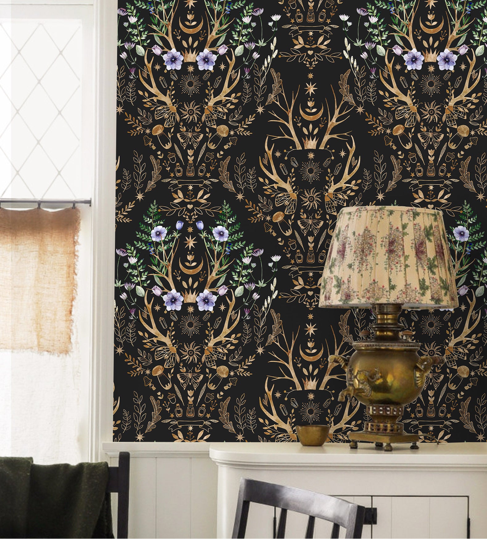 HaokHome Wallpaper Peel and Stick Retro Floral Damask Bronze/Black/Purple Wall Decor Bathroom Removable Mural