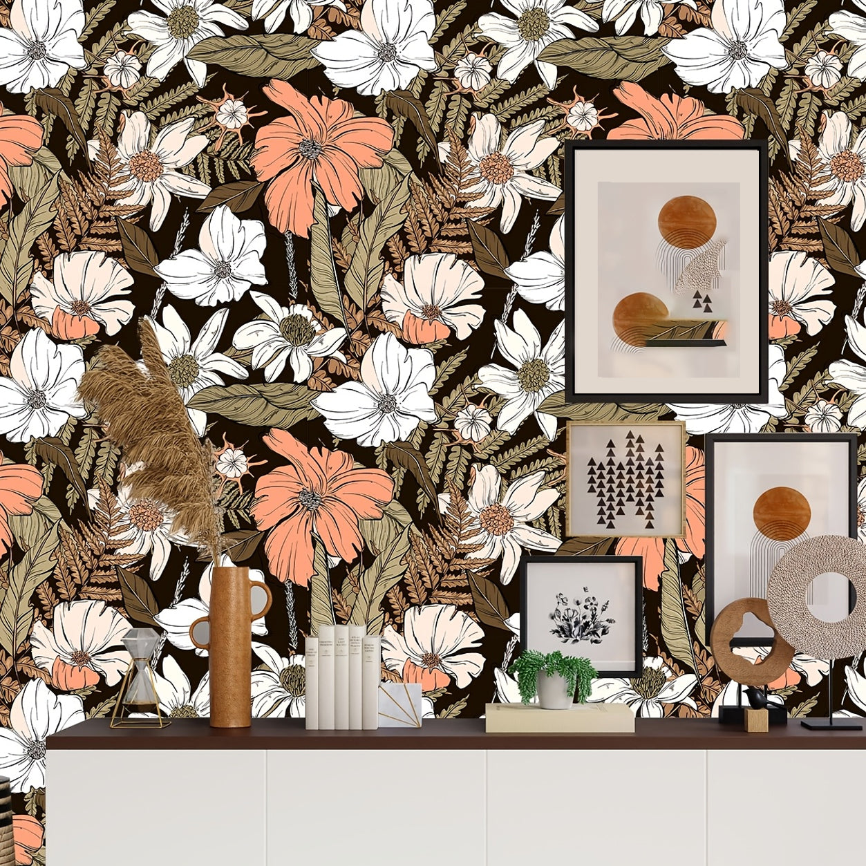 HaokHome Moody Neutral Floral Peel and Stick Wallpaper, Vintage Botanical Removable Self Adhesive Wallpaper