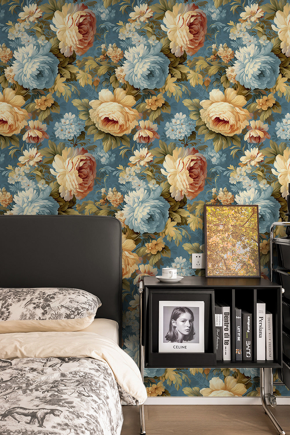 HaokHome Wallpaper Peel and Stick Floral Vintage Blue/Gold/White Classic Wall Decor Living Room Removable Mural