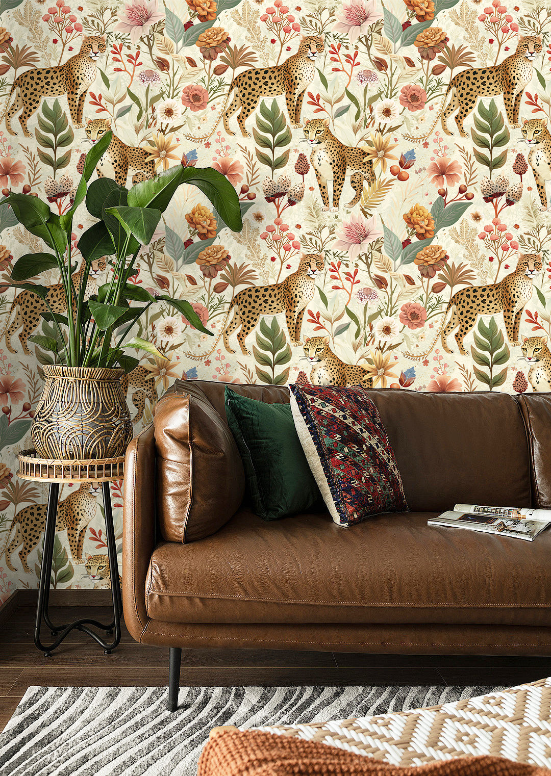 HaokHome Vintage Leopard Floral Removable Self‑Adhesive Wall Covering, Wild Jungle Botanical Peel and Stick Wallpaper